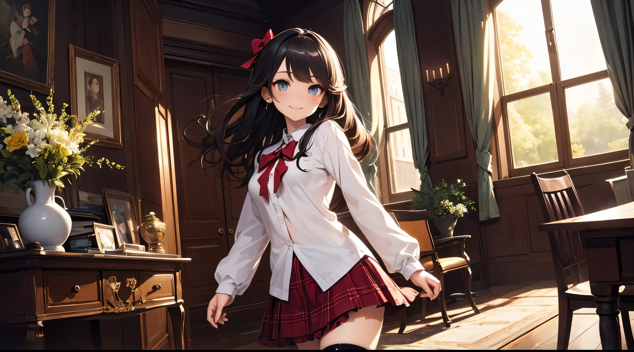 very cute and beautiful girl,(highly detailed beautiful face and eyes:1.2),(smile),(mid shot),
(white blouse with detailed frills),long sleeve BREAK detailed legs,zettai ryouiki,
standing,stylish pose,
dynamic angle,hair ribbon,black hair,hime cut,(scarlet plaid mini skirt)
BREAK living room,flowers in vase,wooden desk,(bookshelf:0.9),jewelry box,european carpet,distant trees,
(best quality,masterpiece:1.2),(intricate details),highres,1 girl,solo,cinematic scene,hair fluttering in the wind,