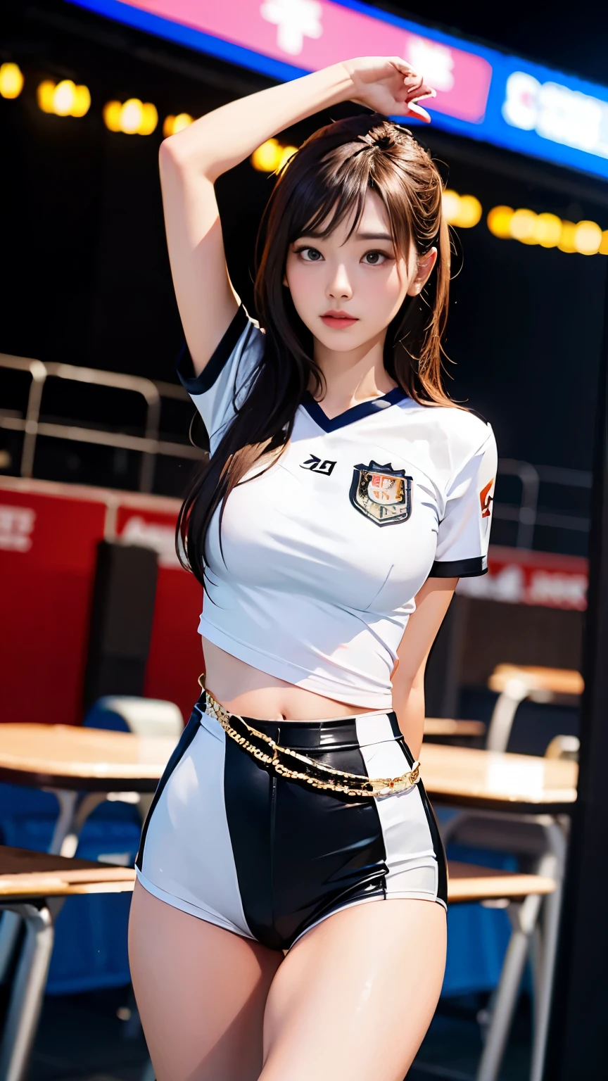 Asian woman in arafe in white shirt and black shorts poses for photo, smooth white tight clothing suit, professional sports style, korean idol, wearing school soccer uniform, korean girl, esports style, Photographed with Canon EOS R6, league of legends senna, wearing a white leotard, wearing a volleyball jersey, portrait of female korean idol