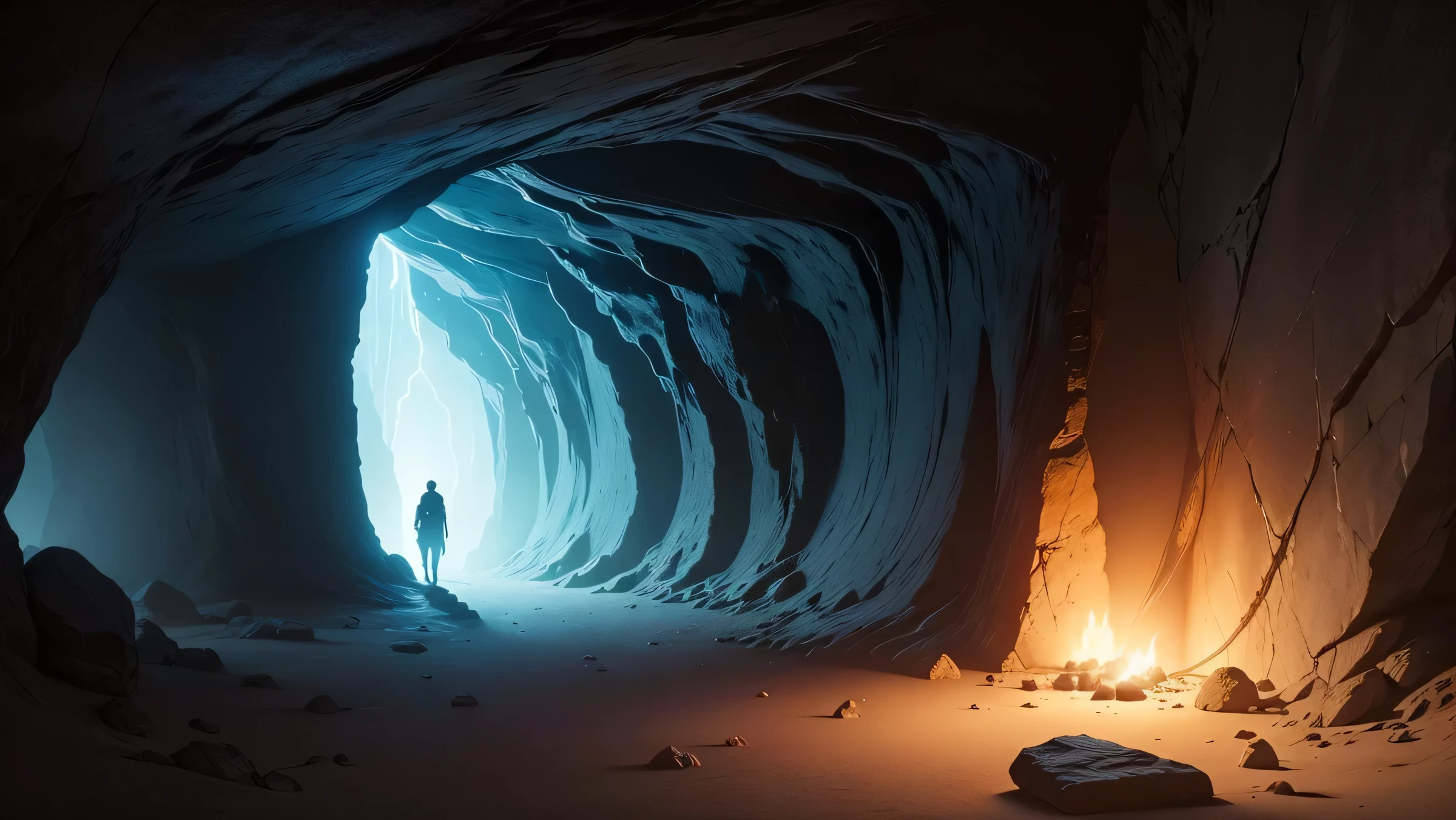 Um misterioso, caverna escura com um brilho, parede iluminada, perfect for writing stories and secrets, homem e mulher saindo da caverna
