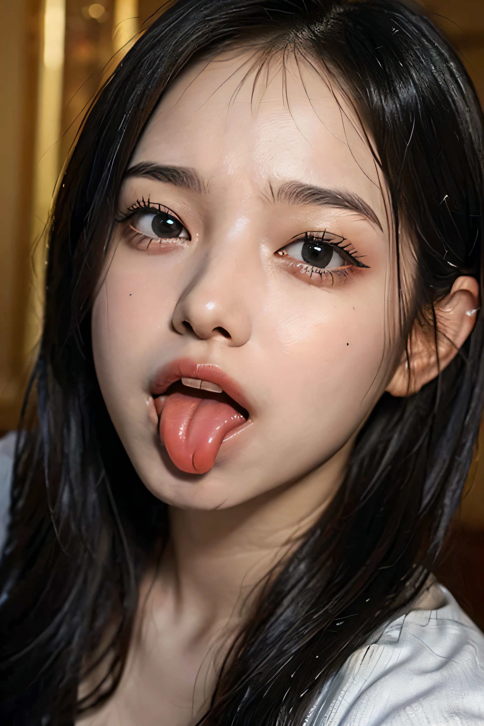 rolling eyes, tongue out, long tongue, drooling, ahegao, retina, textured skin, anatomically correct, high details, high quality, ((Dark Eyes,black eye)),Very beautiful face and eyes, Big eyes, 1 female、Real skin type,Pores are visible,