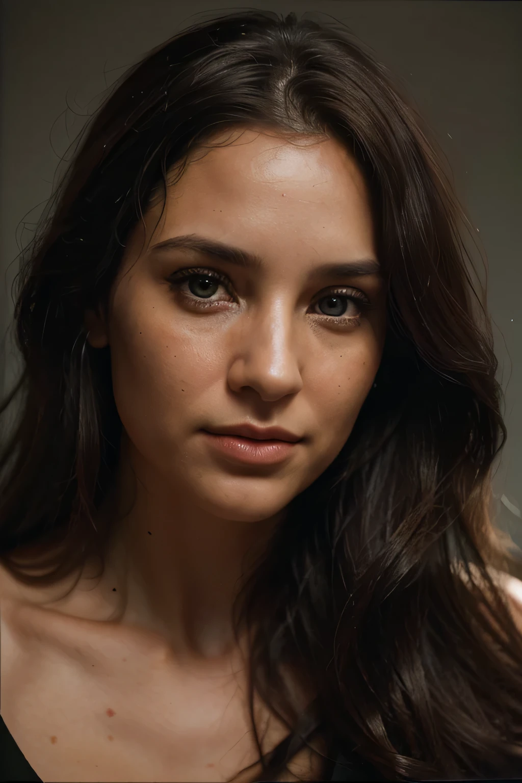 (close-up, editorial photograph of a 33 year old woman), (highly detailed face:1.4) dark hair, long wavy hair, natural light colored eyes, (smile:0.7) (background inside dark, private study:1.OV, by lee jeffries, nikon d850, film stock photograph ,4 kodak portra 400 ,camera f1.6 lens ,rich colors ,hyper realistic ,lifelike texture, cinestill 800,