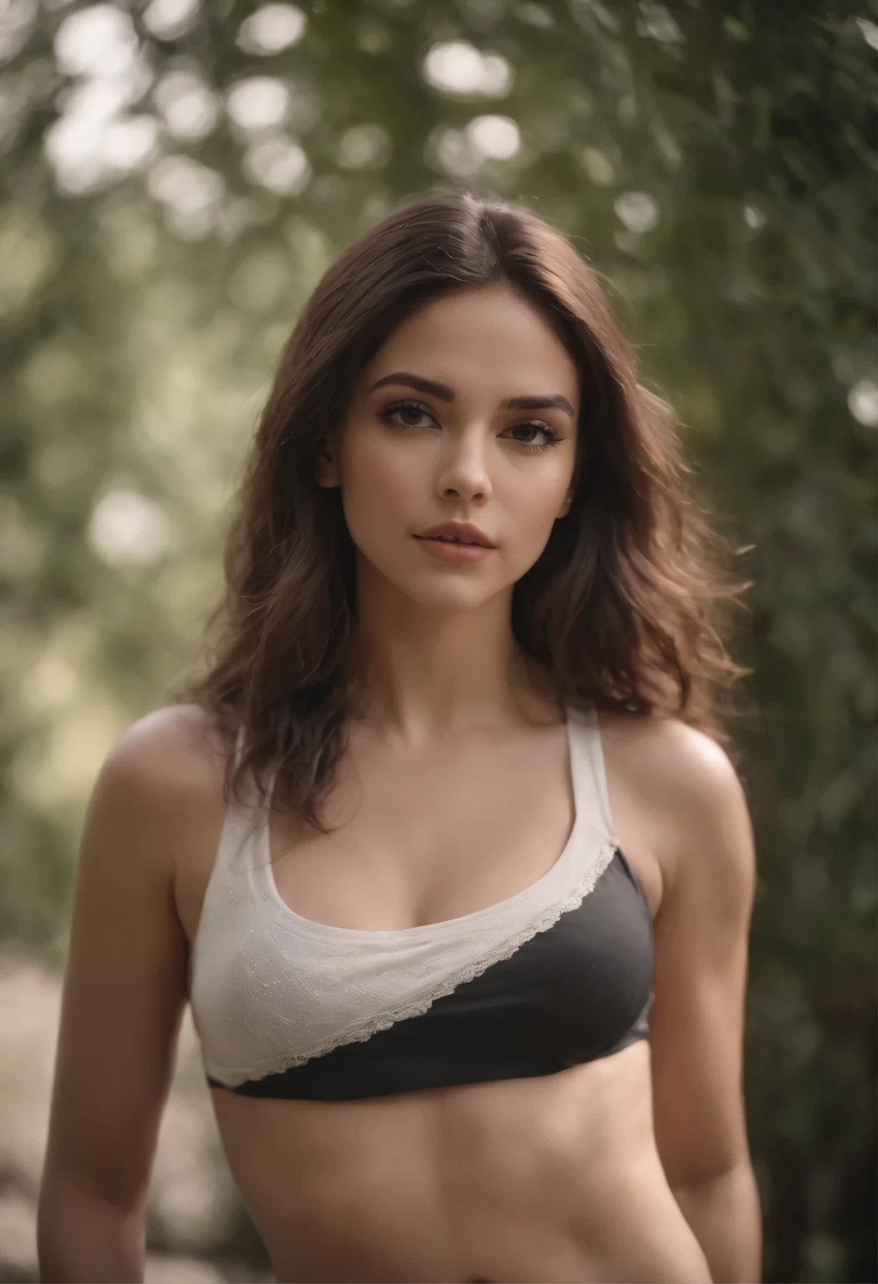 Garota de pele branca, cabelo preto, ATHLETIC BODY, jovem, com roupas sexy se tocando