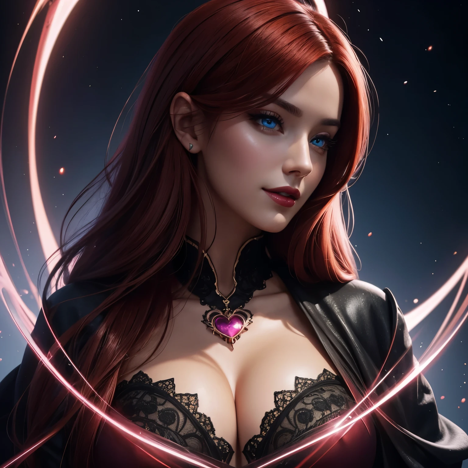 Portrait, mysterious woman with red hair and a silky black dress, wearing a large heart-shaped necklace, hourglass figure, symmetrical figure, highly detailed face, beautiful face, calming blue eyes, lush red lips, smiling, alluring, stunning digital illustration, cosmic fantasy background, beautiful digital artwork, magenta lighting, glossy digital painting, gorgeous digital art, 4k detailed digital art, beautiful digital illustration, 4k highly detailed digital art, beautiful digital art, realistic digital art 4k, realistic digital art 4k, airbrush digital art