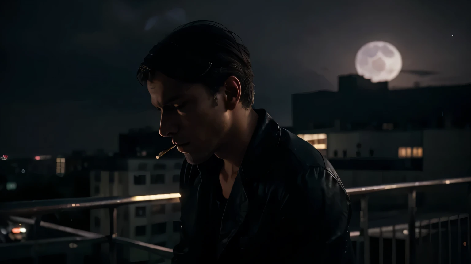 (Best quality,Realistic:1.37),discreet lighting,night scenes,portrait,Detailed face,Beautiful eyes,lit cigarette,загадочная atmosphere,urban setting,Tall building,cityscape,Late evening,silhouette,dark shadows,Contemplative mood,quiet streets,lonely moment,a balcony,third floor view,summer night,Bright lights of the city,cool breeze,Night calm,Loneliness,Cigarette smoke,clouds of smoke,relaxed posture,intense gaze,An Ominous Feeling,atmosphere,Soft glow,Moonlight,subtle highlights,muted colors,nostalgic,urban Loneliness,late-night Loneliness,gentleman.