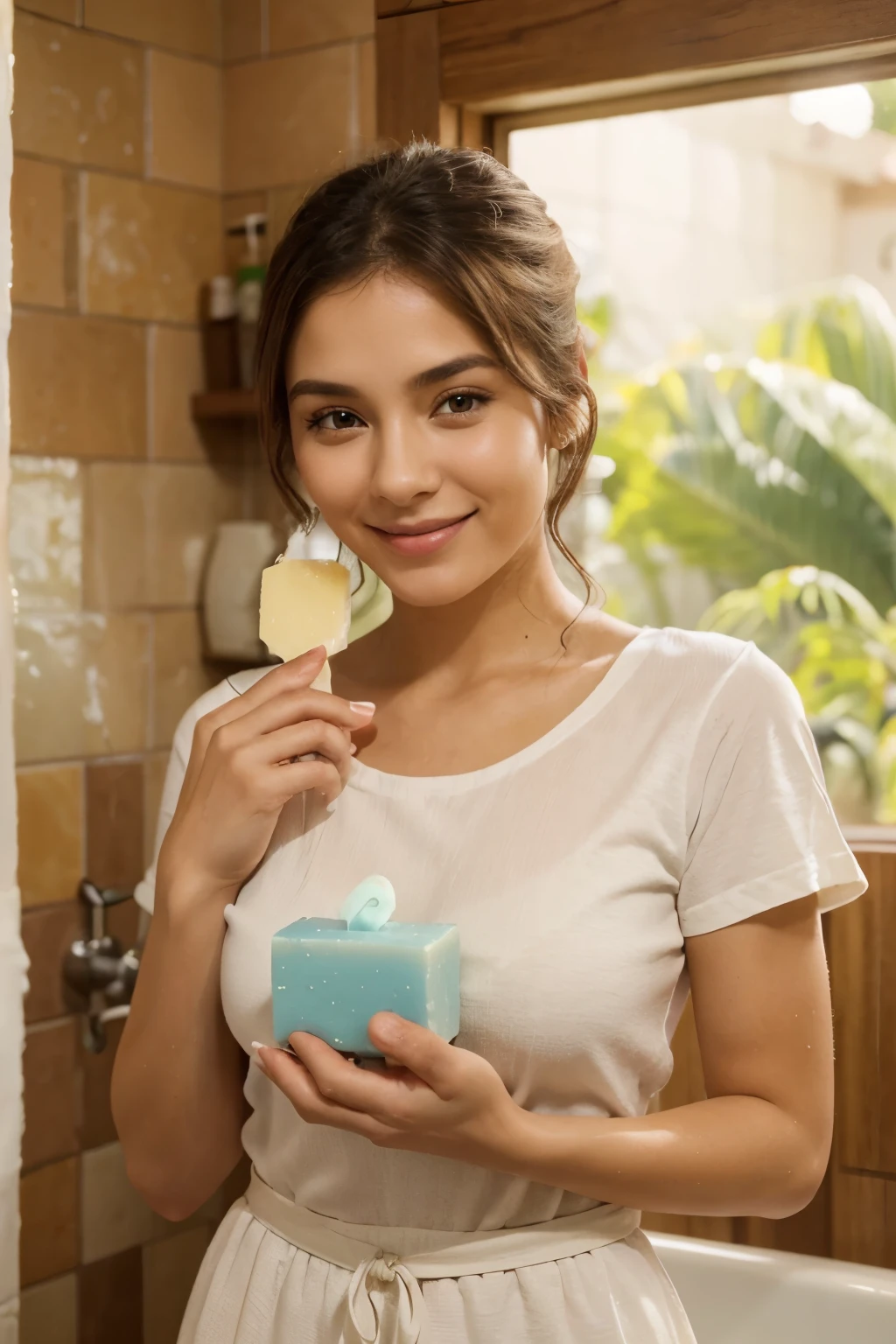 "Genera una imagen de una mujer joven y elegante, with a warm and serene smile, while holding a soap in his hand. The woman radiates joy and tranquility, with bright eyes and a relaxed, natural facial expression. Make sure the soap is clearly visible on your hand, without distortions or errors in the representation. Soap must be displayed realistically, with its sharp and defined shape and texture. The woman holds the soap confidently, mostrando un agarre firme pero relajado. His smile lights up his face and conveys a feeling of well-being and happiness.. The ambient light highlights the details of the soap and the woman's facial expression, creando una escena radiante y acogedora. The atmosphere is happy and serene, conveying a sense of personal care and satisfaction."