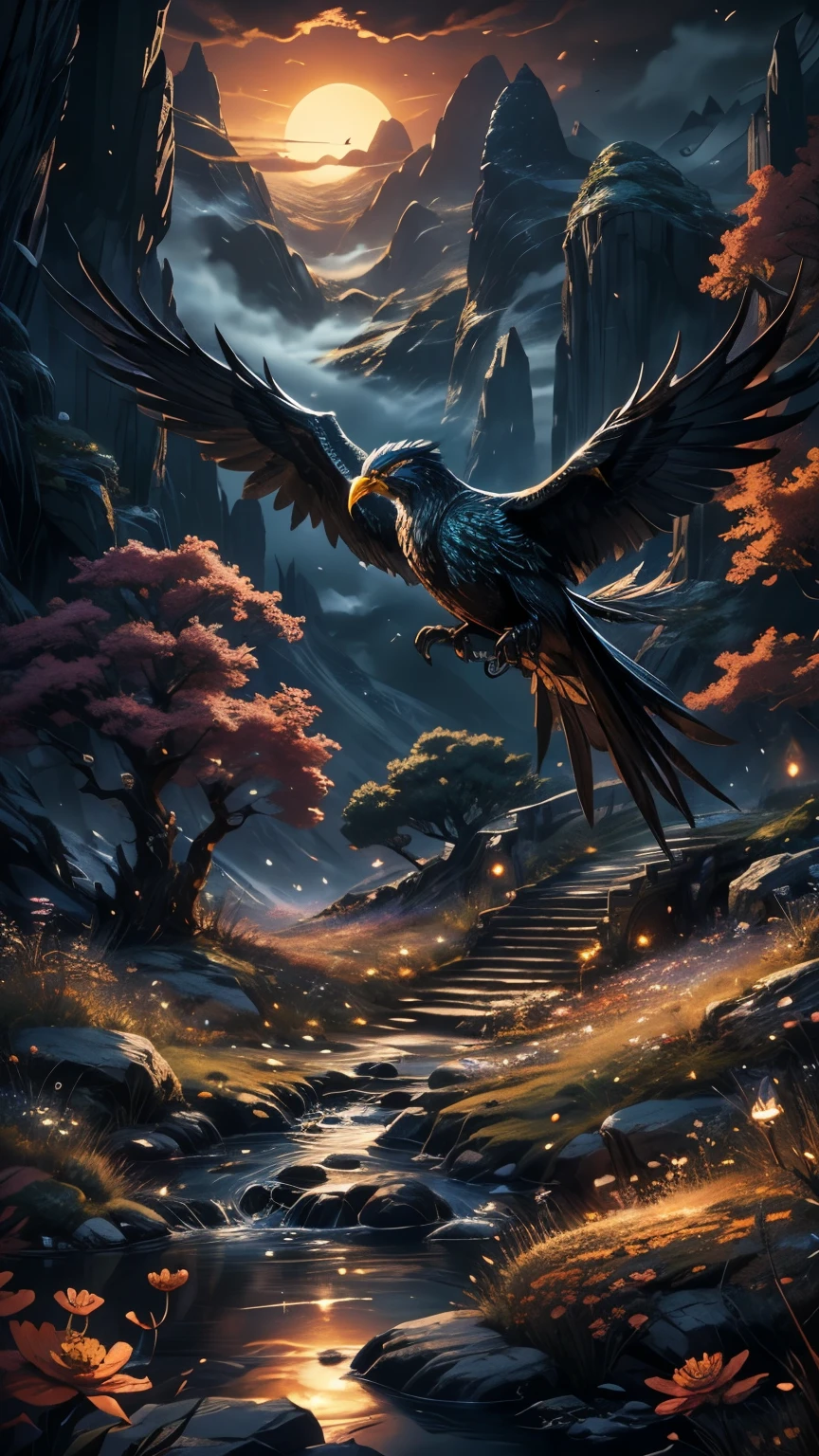 he bird and the surrounding environment to be clearly visible. Overall, the prompt aims to create a breathtaking artwork depicting a phoenix flying over the Skyrim landscape at sunset. It combines elements of fantasy, nature, and mysticism to evoke a sense of wonder and awe. The addition of crystals, flowers, and plants enriches the scene, adding depth and visual interest. The high-quality rendering and attention to detail ensure a truly immersive and captivating visual experience.