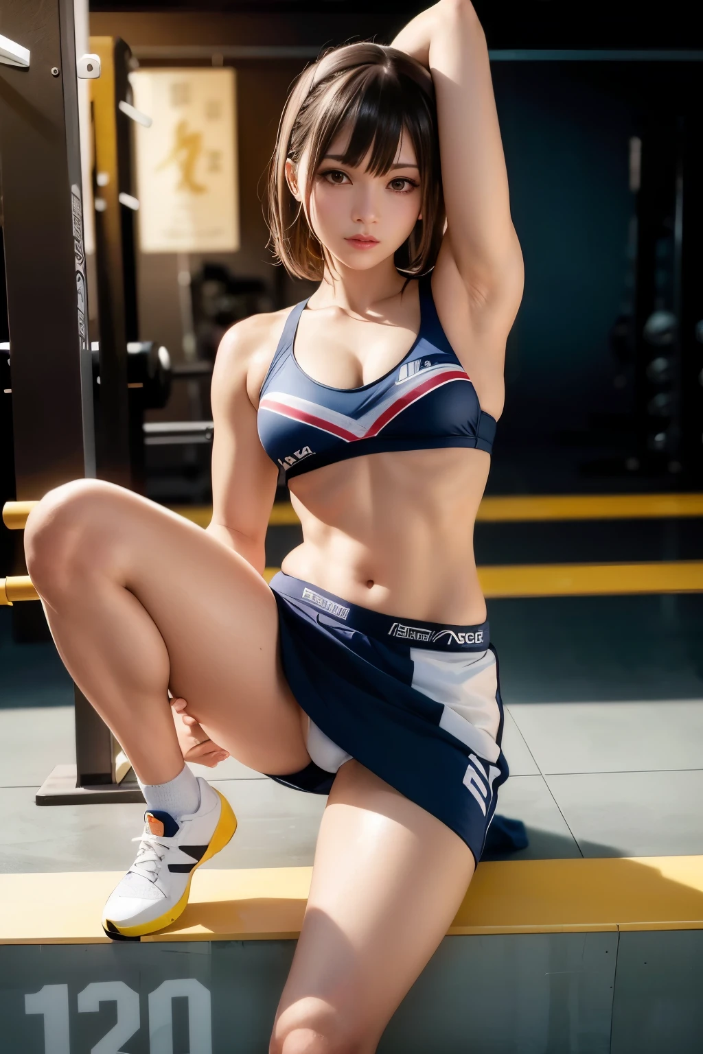 An arafe woman wearing a sports uniform sitting on a bench, sporty physique, attractive sporty physique, mayuri shiina, Young and cute gravure idol, Young skinny gravure idol, Chun-Li at the gym, Young sensual gravure idol, young gravure idol, realistic young gravure idol, gorgeous chinese model, sporty, Sultry body with sexy belly, powerful pose