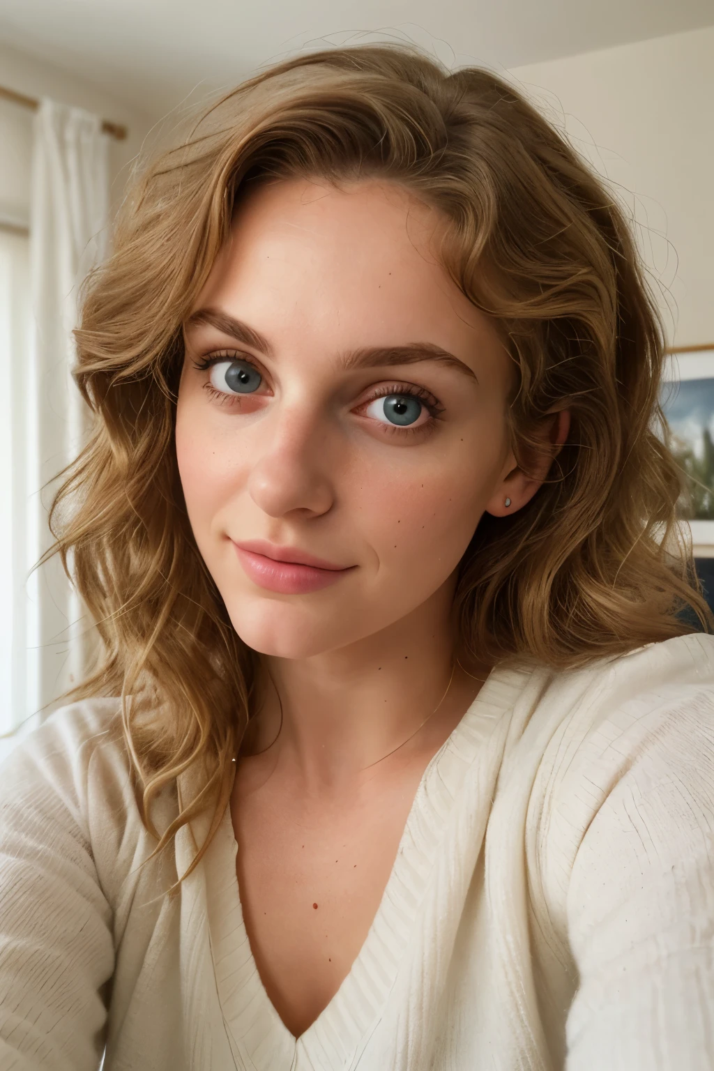 Portrait of a woman, aged 25, positioned sideways as she takes a selfie for Instagram in the background of a cozy home office. The woman is centered in the frame, maintaining a neutral expression, with eyes and features showcasing maximum fidelity and intricate detail. Her hair, a cascade of hyper-detailed curls, frames her face. No smile is present on her lips, which are naturally colored and realistic. Dressed casually, her skin is hyper-natural, with global illumination bringing out every detail. Sharp focus and contrast are prominent in the image, emphasizing the extremely sharp details and face contours. This premium quality photo was shot using the frontal camera