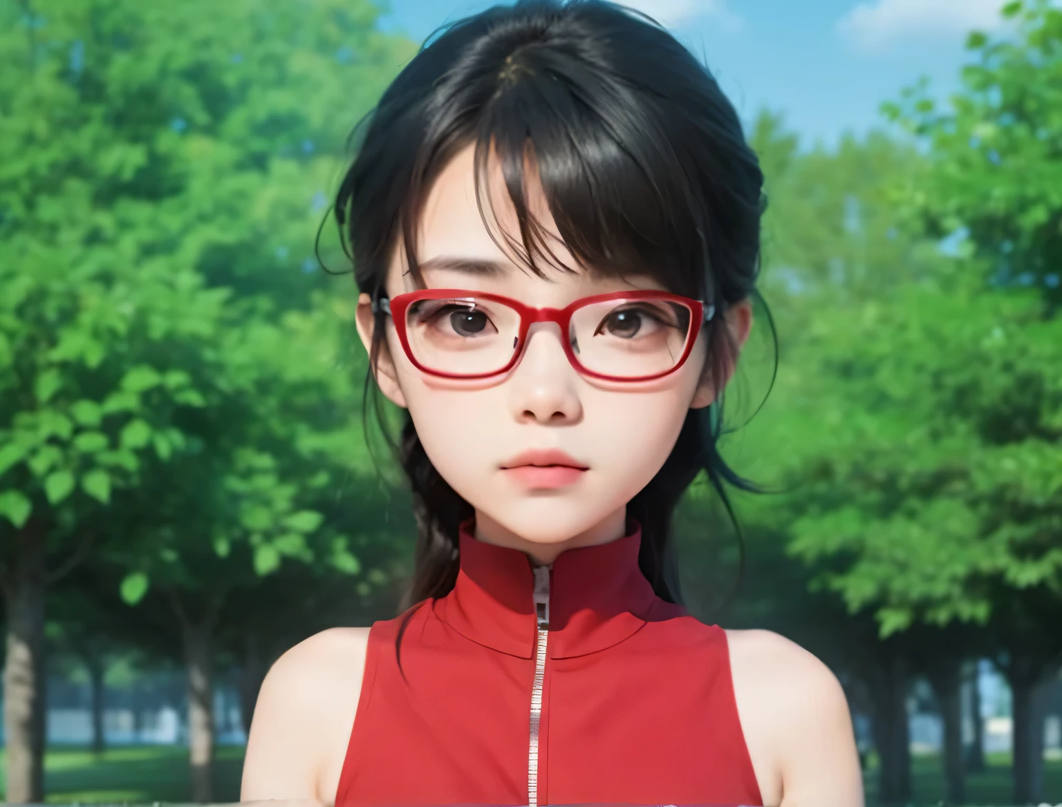 a close up of a 15 year old person wearing glasses and a red top