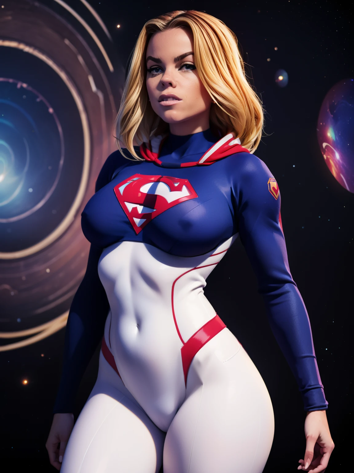(((comiс style, arte dos desenhos animados))). ((1 garota)), sozinho, Sozinho, Uma imagem em comiс style de Supergirl, a hot heroine, com ela como figura central. Ela usa uma roupa tradicional da Supergirl azul e vermelha, saia pequena vermelha, (((Rosto de Milly Alcock))) . ((corpo magro e quente). (((Cinematic cosmic space background))) . She has a strong and courageous expression, como se ela estivesse pronta para lutar contra o mal.