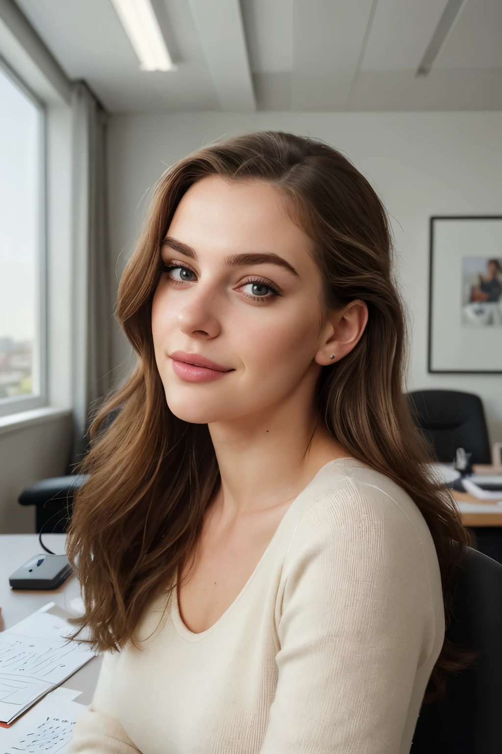 Portrait of a woman, age 25, captivated in taking a selfie at a side angle for Instagram in the comfort of her office setting. The image centers around her, showcasing her neutral expression with maximum fidelity in her eyes, eyebrows, mouth, and nose. Her intricately detailed and hyper-realistic hair cascades down her shoulders, framing her face. Without a smile, she exudes a natural allure, dressed casually in hyper-realistic clothes to enhance her features. The room office background boasts an air of professionalism, bathed in global illumination to add depth and essence to the scene.
Shot with frontal precision using the iPhone