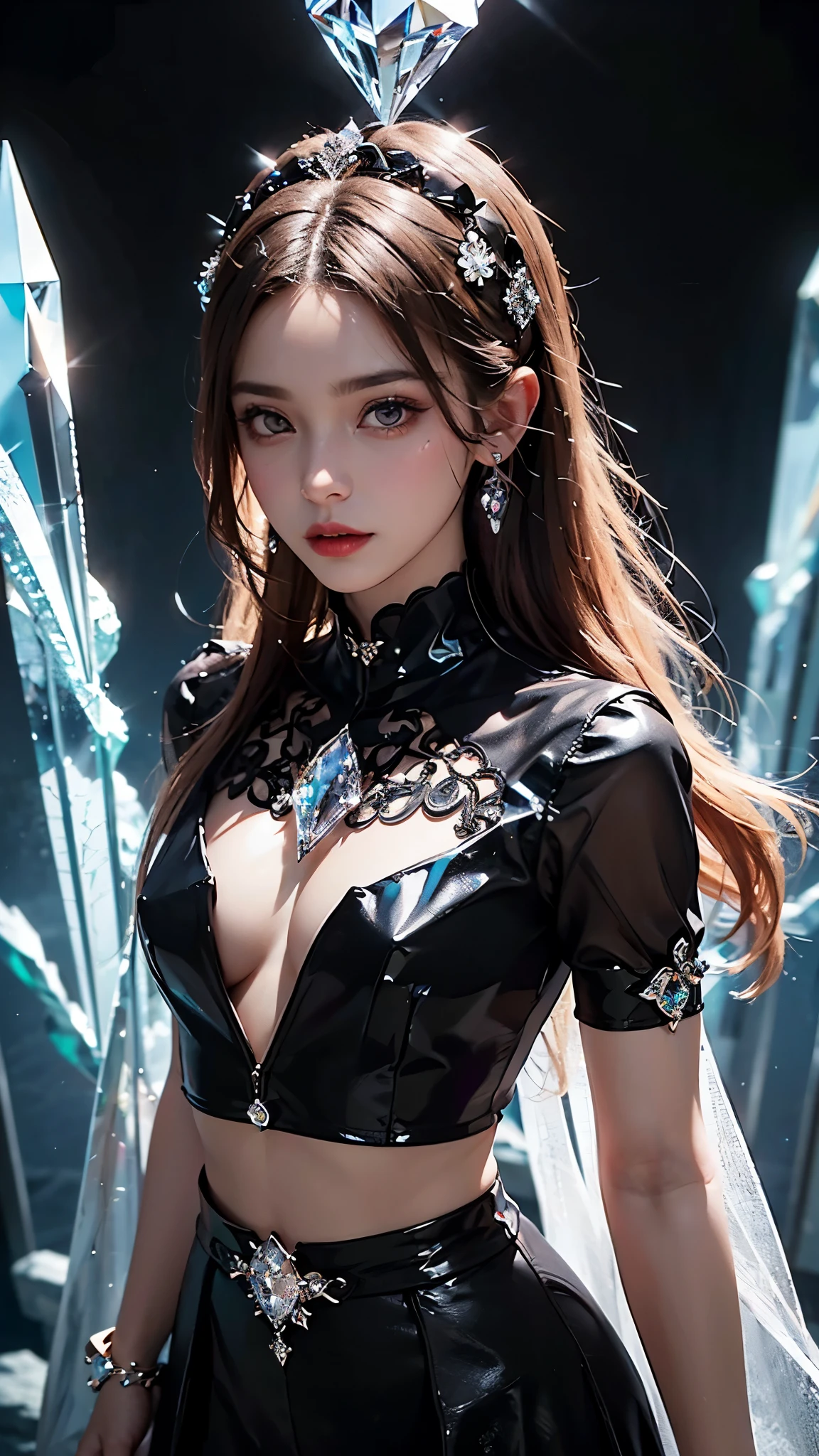 1 girl, good face, ultra long hair, detailed eyes, detailed lips, small breasts, (crystal outfit:1.5), translucent lace, (crystal ornament:1.5), (black crystal outfit :1.5), Take photos by the crystal, ultra-realistic realism, color field printing, high details, hyper HD, cinematic lighting, 4k quality,