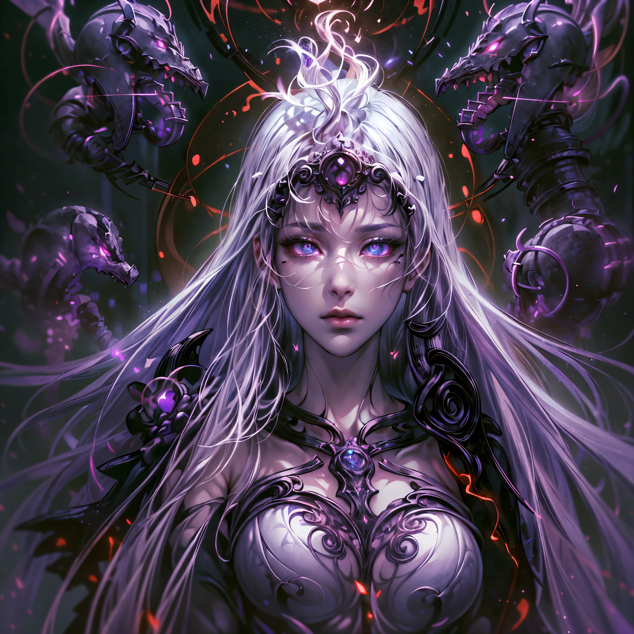 high details, best quality, 16k, [ultra detailed], masterpiece, best quality, (extremely detailed), dynamic angle, ultra wide shot, photorealistic, fantasy art, dnd art, dark fantasy art, realistic art, gothic art, GlowingRunes_red, Glowing Purple,  an ultra wide, full body (intense details, Masterpiece, best quality: 1.5), picture of a female human (1.5 intricate details, Masterpiece, best quality) priestess of death ((pale white magical aura)), controlling a swirling magic (intense details, Masterpiece, best quality: 1.5), manipulating magical sigils (intricate details, Masterpiece, best quality: 1.5), human female, black  hair, pale skin,  long black hair with pale white aura, black hair with pale touch, azure eyes, pale eyes, intense eyes,  ((glowing eyes: 1.5)), black dress (intense details, Masterpiece, best quality: 1.5), red cloak (intense details, Masterpiece, best quality: 1.5), high heeled boots, (intense details, Masterpiece, best quality: 1.5), fantasy dark temple background, ((death worship atmosphere)), high details, depth of field (intense details, Masterpiece, best quality: 1.5),best quality, highres, ultra wide angle