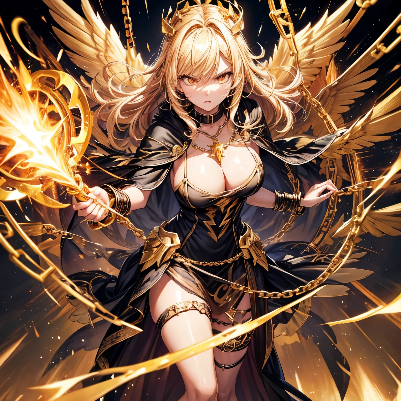 Lightning elemental, gold hair with black roots, golden eyes, , angry expression, chain bracelets, chain necklace, winged crown, crocheted lightning-themed minidress, full body