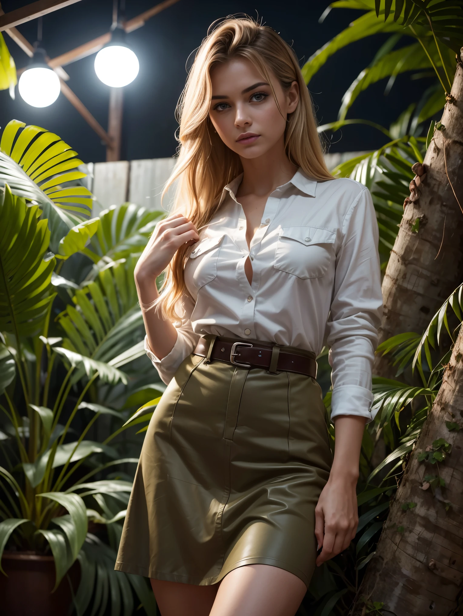 Wide angle. Uhd, An adventuress from the '40s.cotton sand-colored shirt,  Khaki cotton army long skirt,  leather belt, army boots. she's a playmate, men magazine model, agez 23. Random hair color. She's in a frozen jungle, ((at night)). Perfect anatomy, perfect hair, perfect breast, perfect body, perfect hands, perfect face, perfect eyes, accurate, anatomically correct, perfect clear and crisp focus, UHD, masterpiece, 