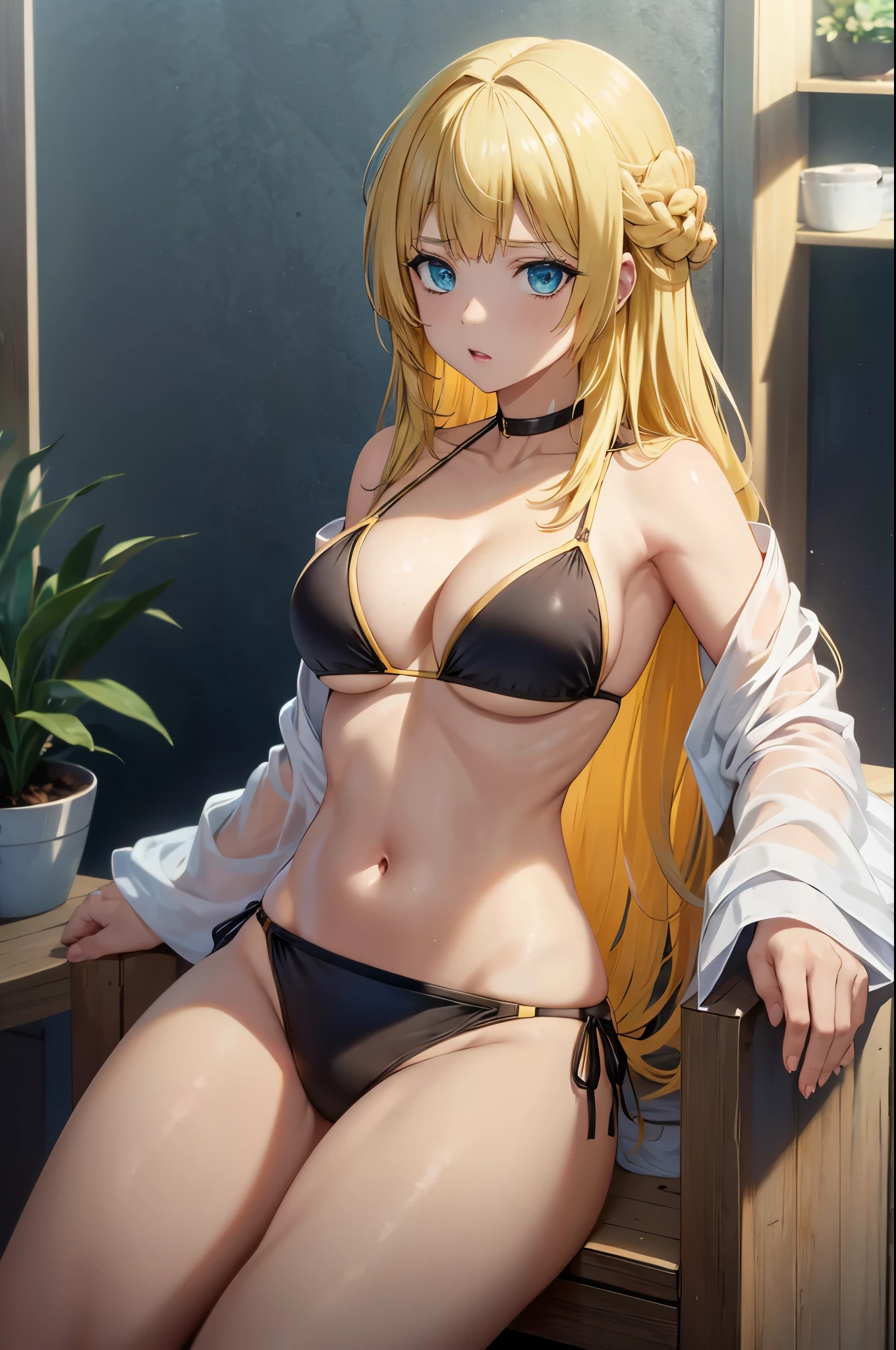 blonde hair, ((blue eyes)),(((black bikini)))