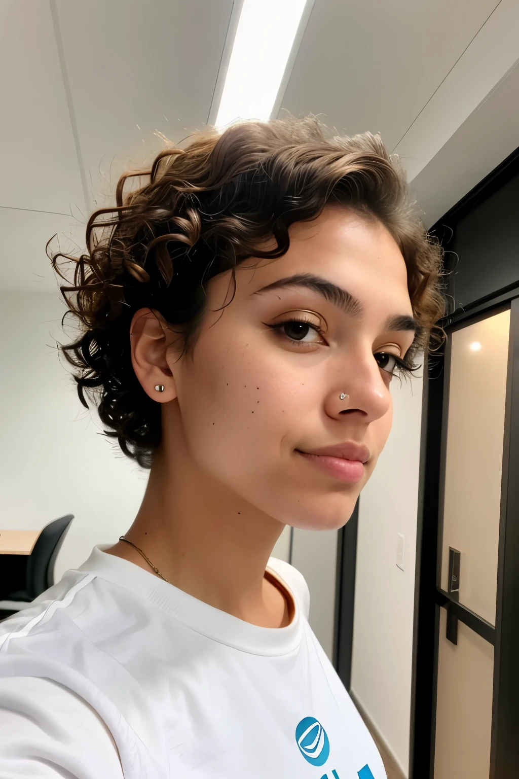 Portrait of a Brazilian woman, 22 years old, taking a selfie in a side angle for Instagram, with an office background in the room. She is centered in the middle of the image, displaying a neutral expression, short curly hair, and maximum fidelity in the eyes, eyebrows, and mouth. The intricate and hyper-detailed hair texture is visible. No charming smile is present, dressed casually, with hyper-natural skin. The image benefits from global illumination and showcases very natural features, achieving sharp focus and contrast. The image was captured with the frontal camera of the iPhone 14 Pro Max, using a top-level view, offering premium quality with a high level
