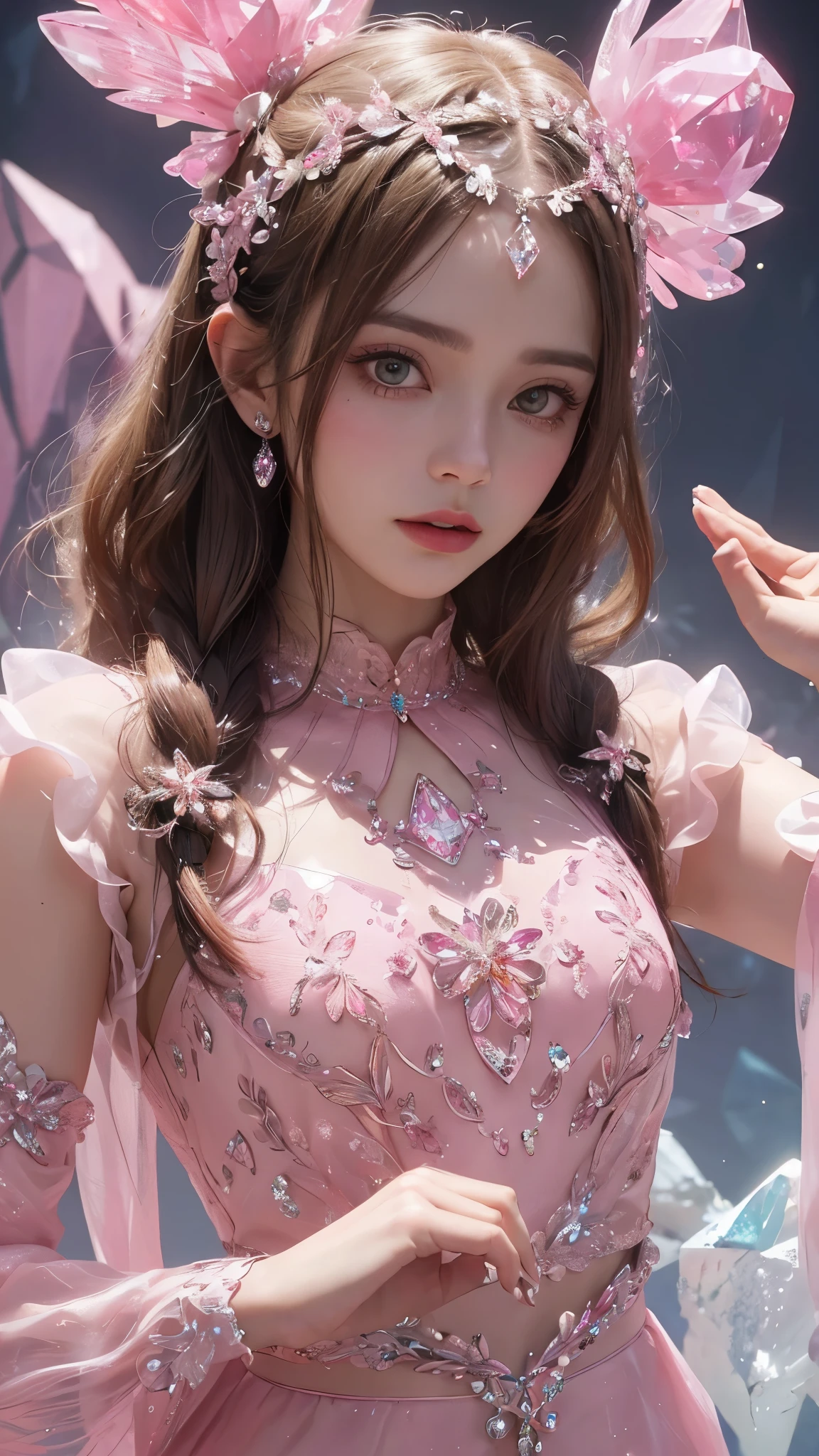 1 girl, good face, ultra long hair, detailed eyes, detailed lips, small breasts, (crystal outfit:1.5), translucent lace, (crystal ornament:1.5), (pink crystal outfit :1.5), Take photos by the crystal, ultra-realistic realism, color field printing, high details, hyper HD, cinematic lighting, 4k quality,