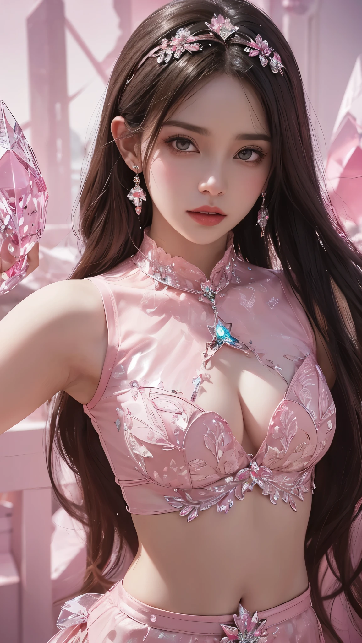 1 girl, good face, ultra long hair, detailed eyes, detailed lips, small breasts, (crystal outfit:1.5), translucent lace, (crystal ornament:1.5), (pink crystal outfit :1.5), Take photos by the crystal, ultra-realistic realism, color field printing, high details, hyper HD, cinematic lighting, 4k quality,