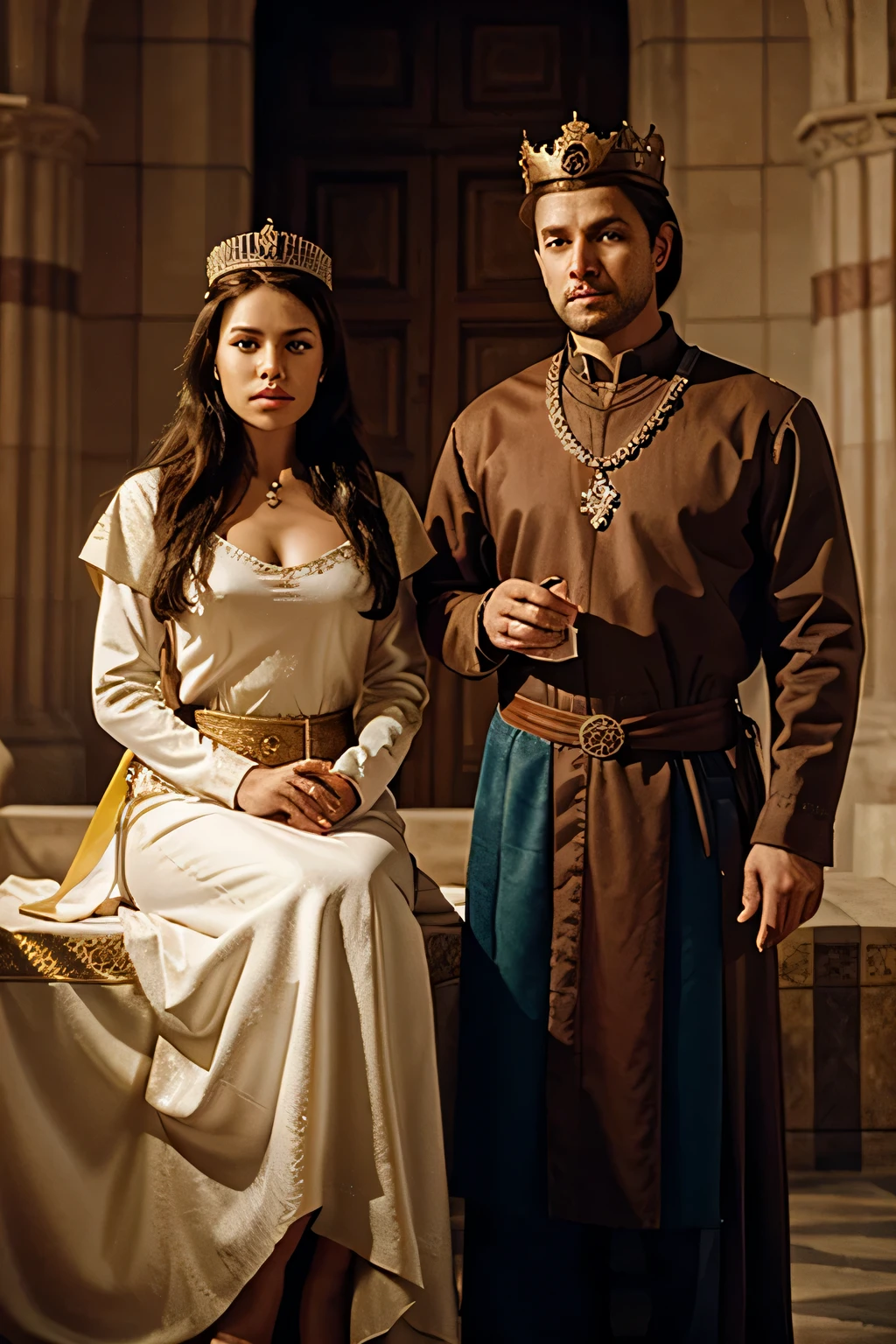 king and queen of a fictional country in Europe from the year 942 with crown, en el trono.