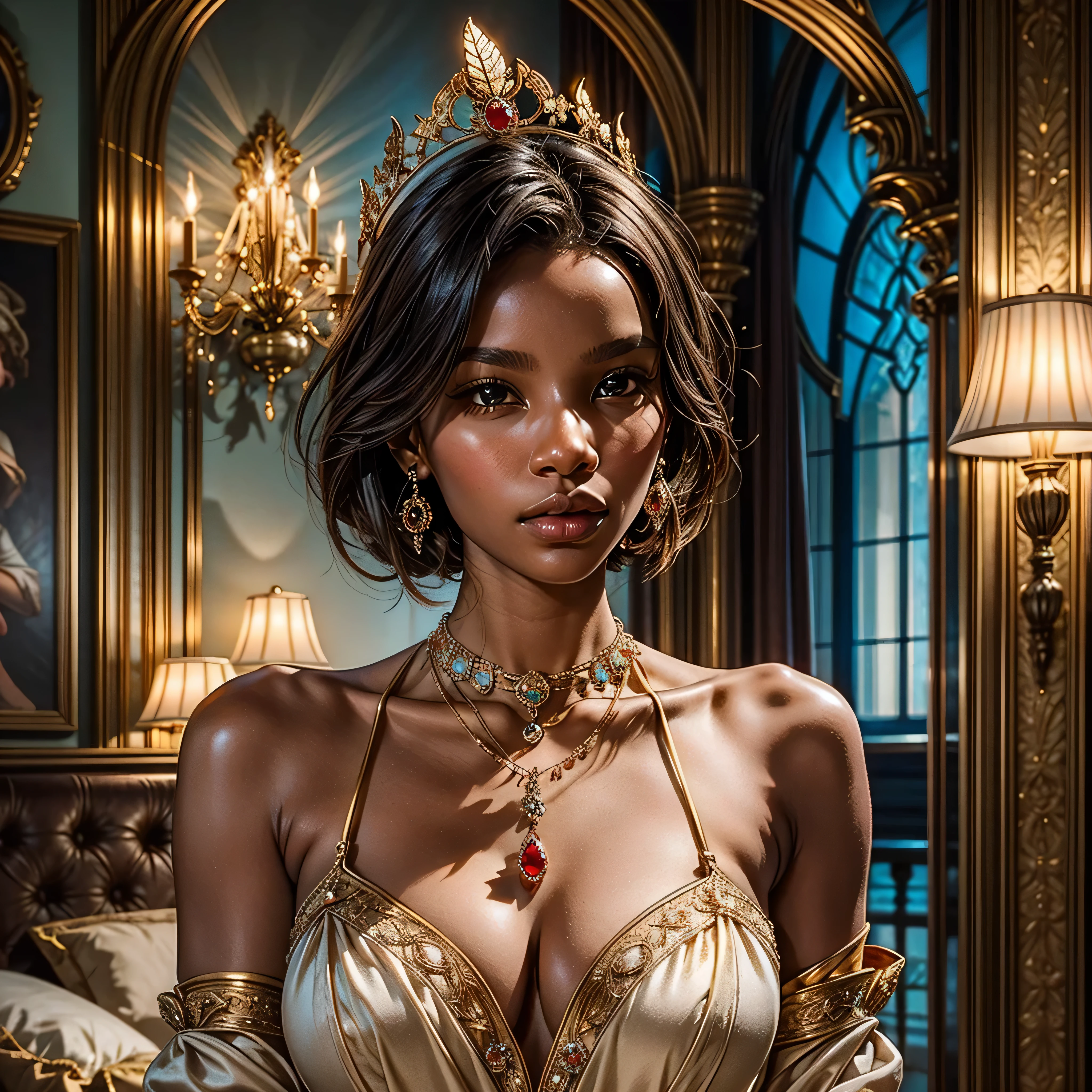 Realistic portrait of Ajak Deng, a talented 33-year-old Modelo, born under the sign of Sagittarius, sensitive and delicate, black a graceful height of 1.80 meters and a weight of 54 kilograms. She enchants everyone with her unique beauty, her fair skin and brown epic eyes accentuate her delicate features, which are enhanced by her long and silky black hair. 86 bust, 59 waist, 87 hips.She is wearing a truly magnificent and dazzling gala dress. The dress is made of pure silk with satin details, featuring a blend of ruby red and sapphire blue. The plunging neckline is adorned with a stunning majestic necklace, studded with rubies, emeralds, shining like stars in the night sky. The necklace elegantly wraps around her neck, adding a touch of royalty and elegance. Richly decorated with intricate embroidery, lace details, and appliqués in gold or silver, all handcrafted. The long sleeves of the dress are made of delicate lace, providing an ethereal and graceful appearance, reminiscent of butterfly wings. She wears impeccable white gloves, made of fine silk, delicately covering her hands with elegance. On her feet, she wears high-heeled shoes, decorated with gold and silver details, adorned with small diamond stones, adding height and grace to her figure. On her head, she wears a stunning six-pointed crown, studded with rubies, with each point holding a pearl. In the background, a medieval castle with its majestic towers and imposing walls, surrounded by a lush landscape. An enchanting fairytale environment with beautiful gardens and water fountains reflecting the sunlight. The ancient stone walls provide a fascinating contrast with the vibrant and warm colors. The lighting further highlights the dress details, the precious stones of the necklace, and the dazzling crown on her head. Soft and bright light creates a magical effect, enhancing the colors and bringing even more glamour and sophistication. Gracefully, she moves toward the viewer