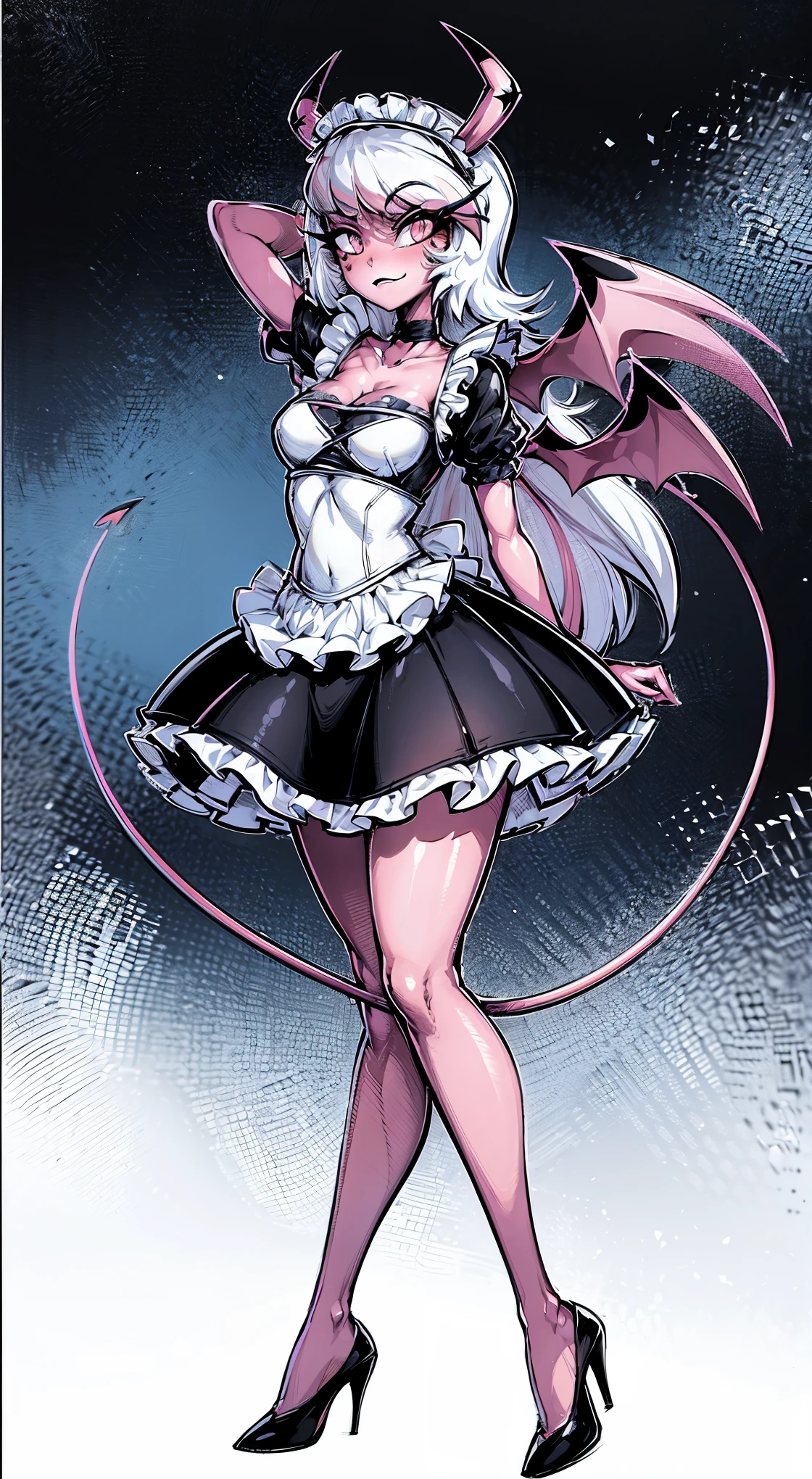 Veronica，（solo:2），（a girl），devil girl，（Wearing a maid dress），visual lens，Calm eyes，（Place your hands behind your waist:2），（Feet on smooth floor），Overall anime style，Focus on symmetry，Visual horizon shooting，Requires works to reach ultra-high definition(UHD)standard，Precise human anatomy，no_Shoes，blank background，Linearization，Ensure high quality output，Suitable for 4K resolution and 1080P resolution display