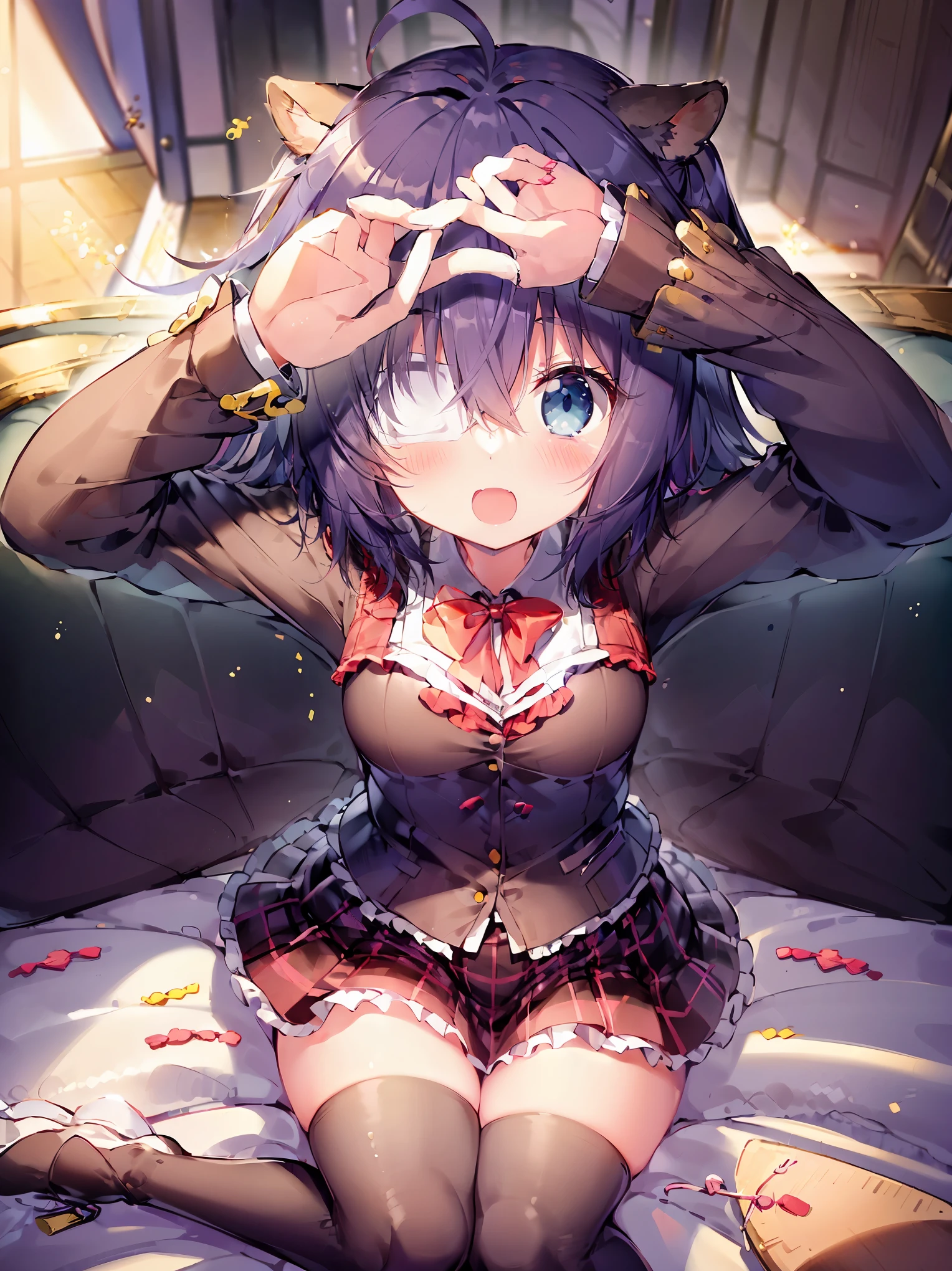 (best art,illustration,IB,three point perspective, top view,ultra high resolution, masterpiece, best quality,Extremely detailed,The facial details are very rich,best artwork,((perfect arms,Perfect analysis structure,perfect leg structure,delicate fingers)),a girl,sitting on bed,(Looking up),(In bed at home,mansion)(giggle,Bare fangs,smug,Happy,blush),rikka takanashi