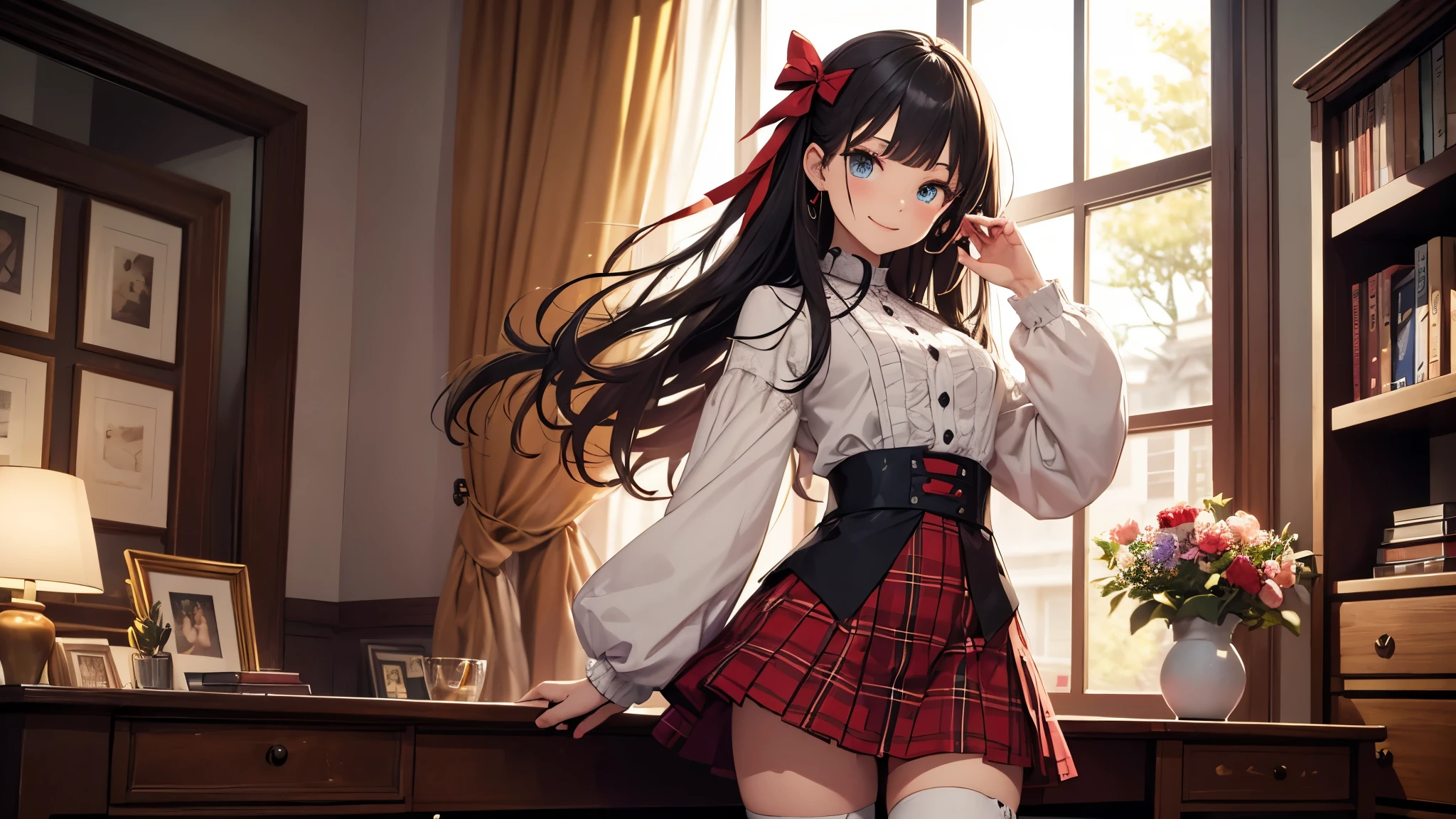 very cute and beautiful girl,(highly detailed beautiful face and eyes:1.2),(smile),(mid shot),
(white blouse with detailed frills),long sleeve BREAK detailed legs,zettai ryouiki,
standing,stylish pose,
dynamic angle,hair ribbon,black hair,hime cut,(scarlet plaid mini skirt)
 BREAK living room,flowers in vase,wooden desk,(bookshelf:0.9),jewelry box,european carpet,distant trees,
(best quality,masterpiece:1.2),(intricate details),highres,1 girl,solo,cinematic scene,hair fluttering in the wind,