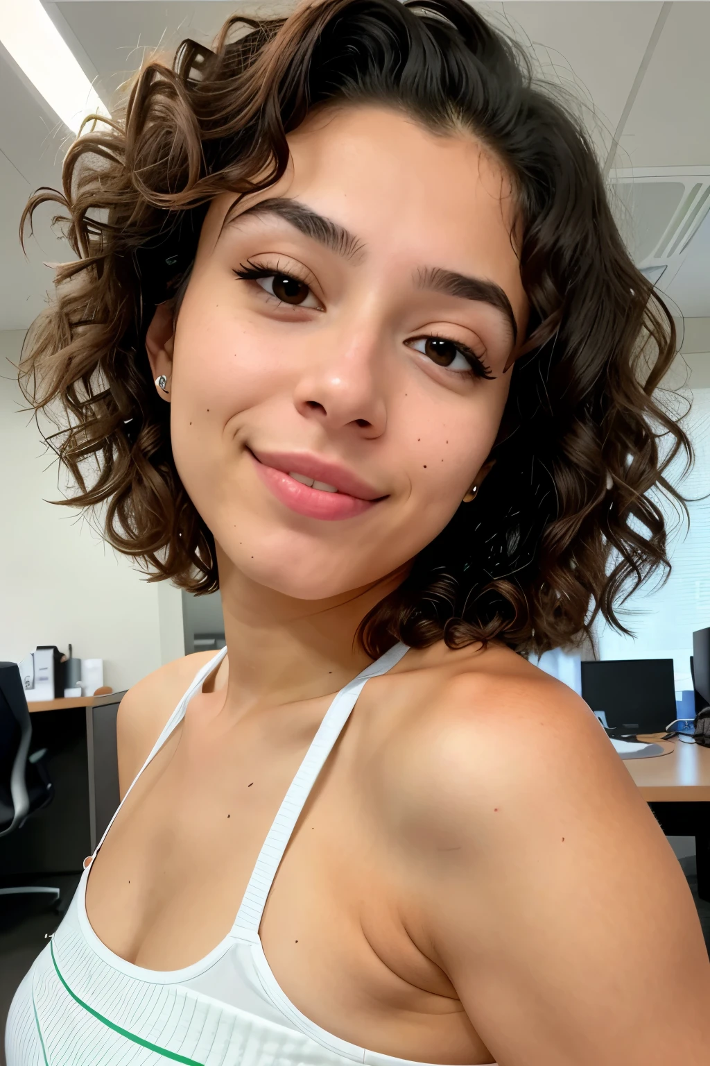 Portrait of a Brazilian woman, 22 years old, taking a selfie in a side angle for Instagram, with an office background in the room. She is centered in the middle of the image, displaying a neutral expression, short curly hair, and maximum fidelity in the eyes, eyebrows, and mouth. The intricate and hyper-detailed hair texture is visible. No charming smile is present, dressed casually, with hyper-natural skin. The image benefits from global illumination and showcases very natural features, achieving sharp focus and contrast. The image was captured with the frontal camera of the iPhone 14 Pro Max, using a top-level view, offering premium quality with a high level