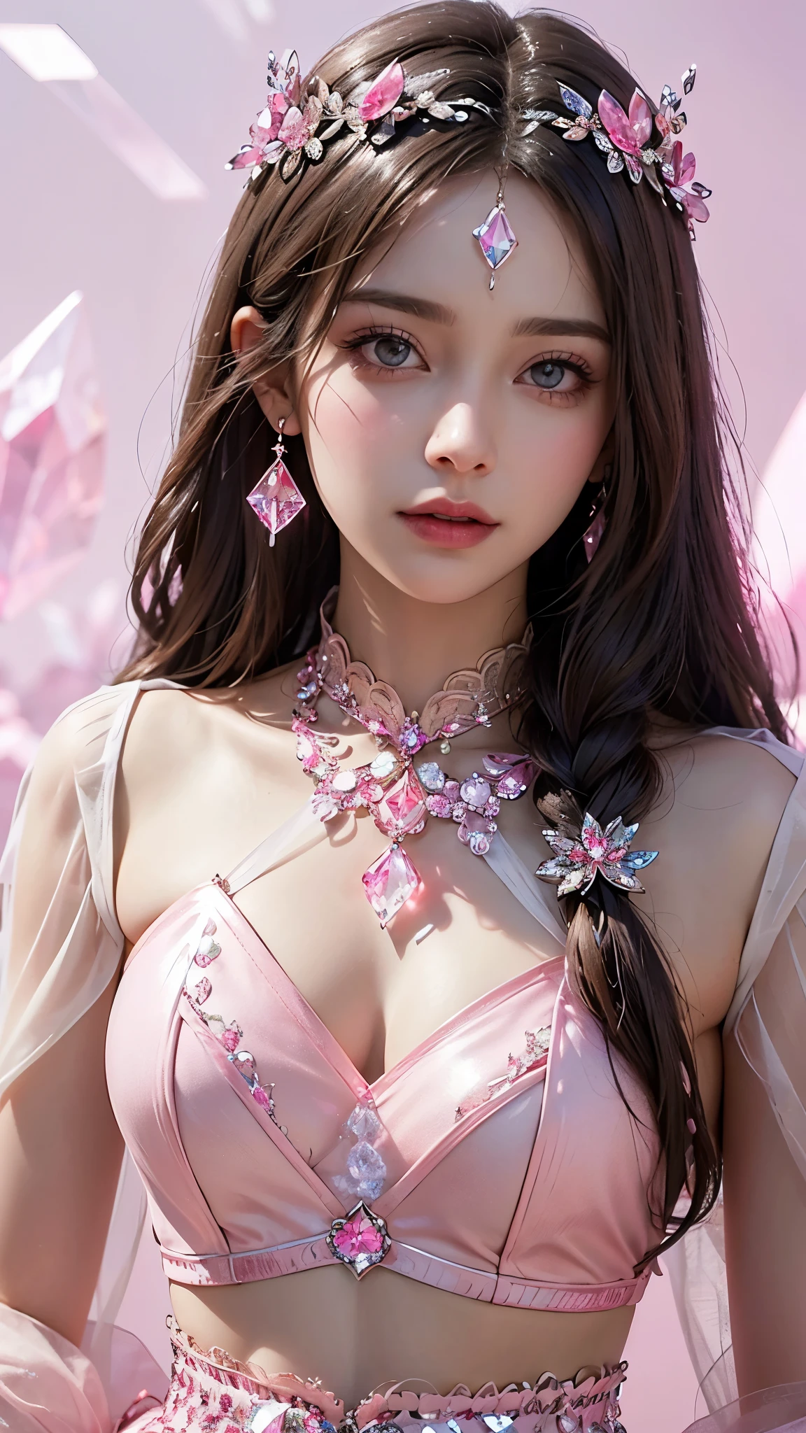 1 girl, good face, ultra long hair, detailed eyes, detailed lips, small breasts, (crystal outfit:1.5), translucent lace, (crystal ornament:1.5), (pink crystal outfit :1.5), Take photos by the crystal, ultra-realistic realism, color field printing, high details, hyper HD, cinematic lighting, 4k quality,