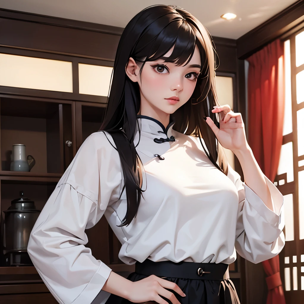 indoor,A 25-year-old Chinese woman,Wear white casual clothes,obesity,Small breasts