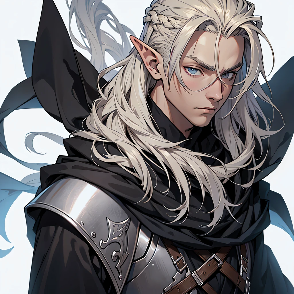 anime, masterpiece, best quality, by professional artist, male, solo, upper body portrait, detailed composition, detailed eyes, white background, long light blond undercut hair, elf, grey eyes, serious face, hair covering one eye, black cloak, hood and mask, silver medieval armor.