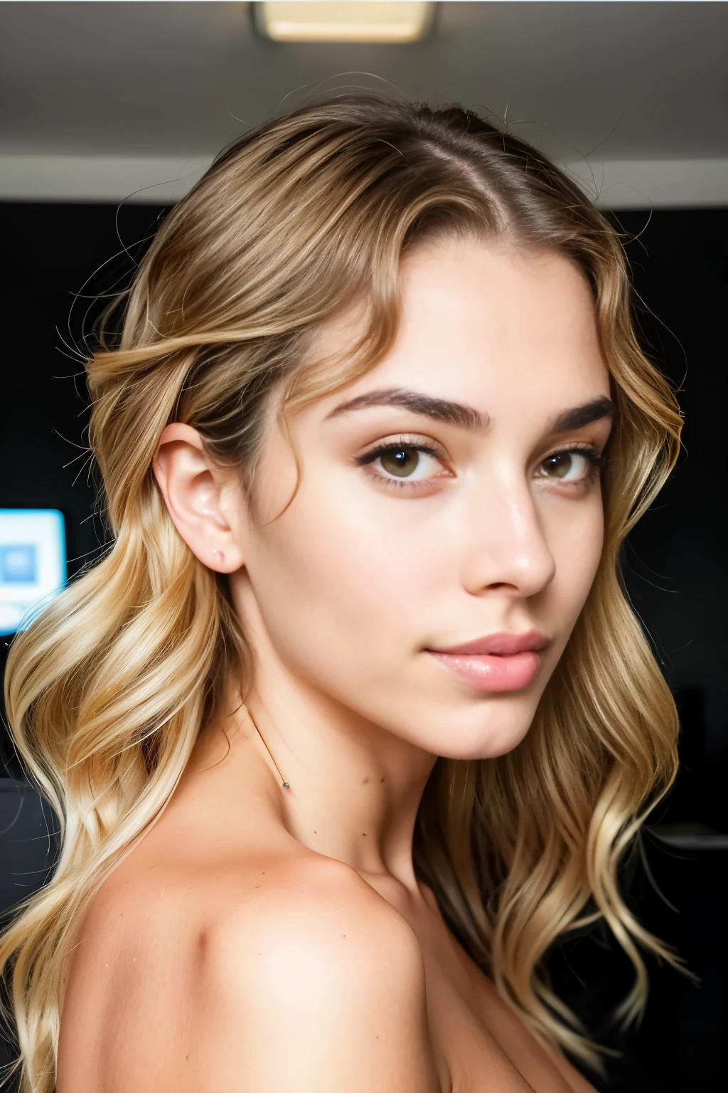 Portrait of the Brazilian woman, 22 years old, captured in the moment as she takes a selfie on a side angle for her Instagram feed. The image is set against the backdrop of a modern office room. she is positioned centrally in the frame, her neutral expression radiating calmness and composure. Her long, coily blonde hair cascades down to her shoulders, showcasing intricate and hyper-detailed curls that shimmer under the light. Her features, with maximum fidelity, are meticulously rendered: her eyes, with their intricate and hyper-detailed irises and realistic, global illumination; her eyebrows, perfectly defined and natural; her mouth