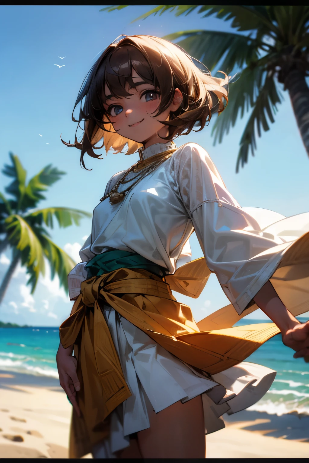 ((Masterpiece)), ((best quality)), (High Definition:1.3), (Professional Photography:1.2), (traditional Rajasthani costume:1.3), (happy smile:1.3), Ruffled miniskirt, pale thighs, (beautiful teenage girl), pale brown hair, (medium hair), beach, blue sky and sea, (small waist), 8k, official art, raw photo, incredibly absurdres, facelight, dynamic lighting, cinematic lighting, (no bra), ultra realistic, highres, film grain, chromatic aberration, sharp focus, highest detailed, (palm tree), extremely detailed eyes and face, (Hair that flutters in the wind),