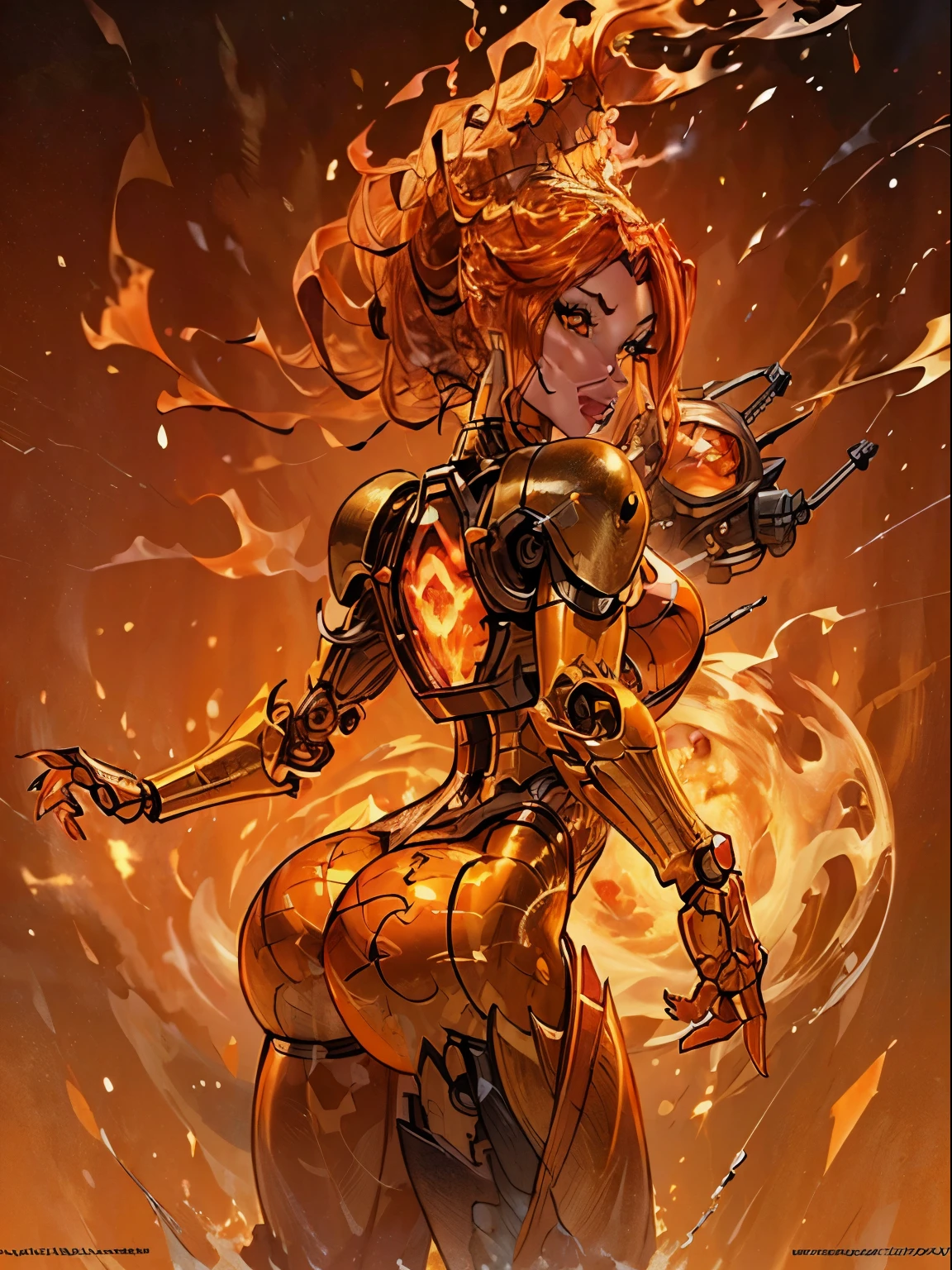 ((Back profile:1.3)), turning head looking to viewer, ((fire hair)), (hair made of fire), ((white sclera)), There is a fire woman in a robot suit ((posing next to an futuristic Roman building)), ((integrated jet pack)), ((bulky jet pack:1.3)), Beautiful orange girl half cyborg, Cute cyborg girl, Beautiful girl cyborg, (aletta ocean face), (puffy lips), Perfect Robot Girl, Cyborg girl, (ass air bags), intricate details on ass, fire head, ((orange skin:1.4)), Young cyborg lady, (ass cleavage), Beautiful Female Robot, ((cybernetic abs:1.2)), ((orange skin)), intricate holes on ass, Beautiful orange robot woman, orange cyborg girl, perfect fire cyborg female, ((orange fire cyborg)), Female robot, Beautiful cyborg images, (cinematic lighting), red and orange aesthetic, small blue details