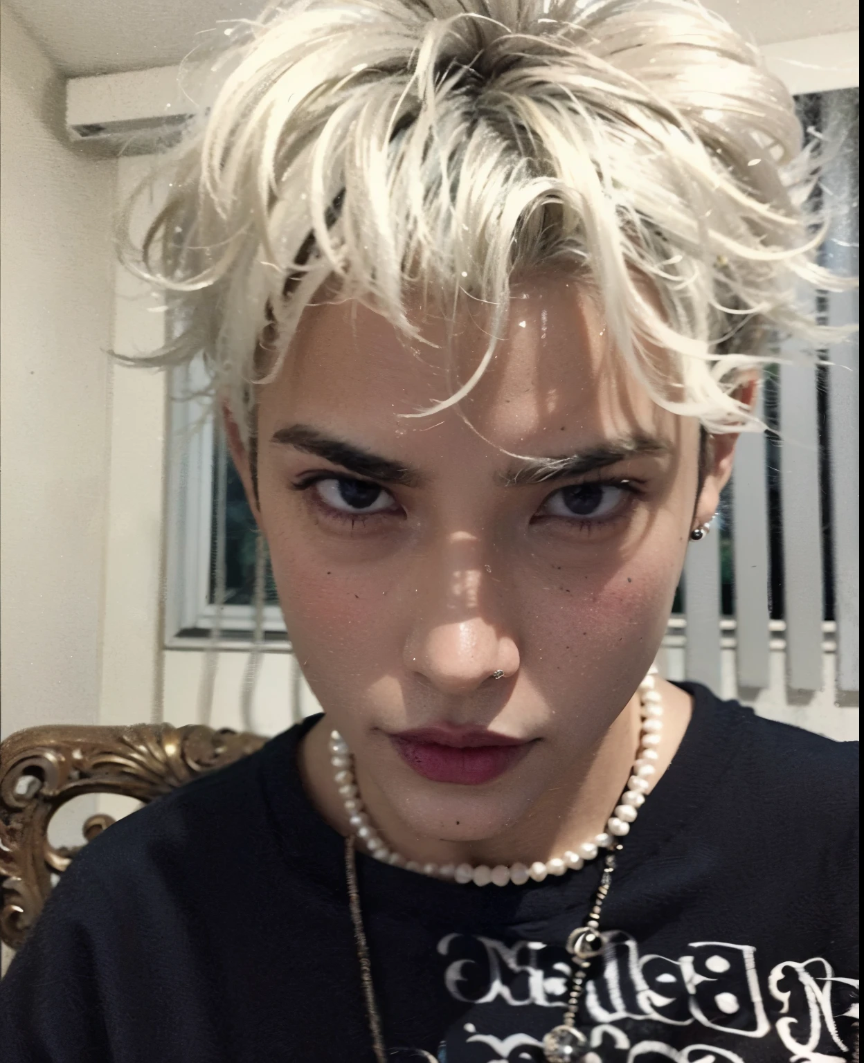 arafed boy with a pearl necklace and a necklace on his neck, el tiene pelos gris oscuro, xxxtentacion, flequillo blancopelo negro, su cabello es desordenado y salvaje, joel fletcher, 18 years, cabello con flequillo blanco, Pelo blanco loco, su cabello esta desordenado y descuidado, estilo de seb mckinnon, pelos blancos, flequillo blanco