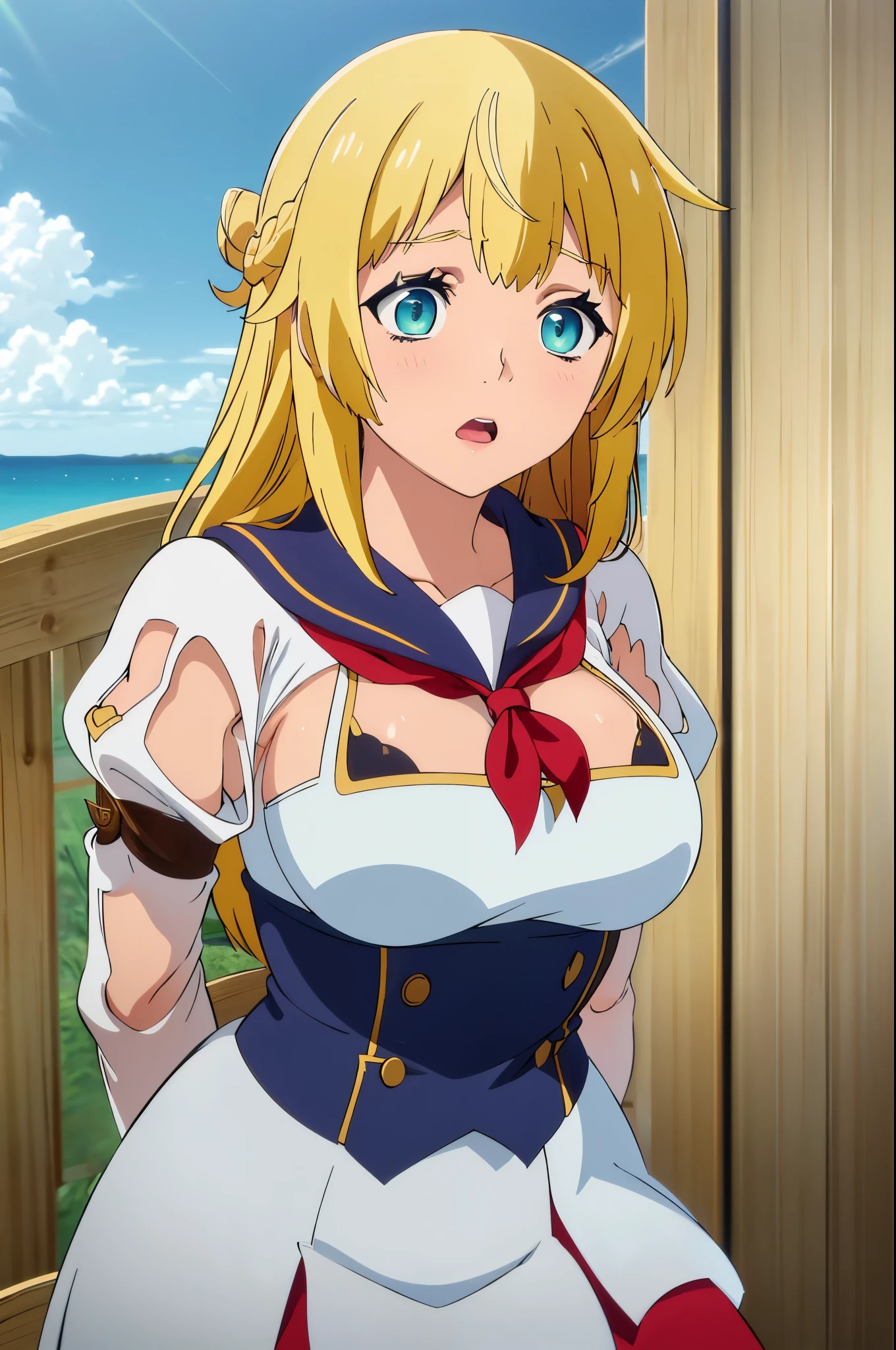 Looking up from a 、pleatedskirt、Short sailor suit、Lower breast、Stay outside、sexy pantie、You can clearly see the shape of the dirty part、The skirt flips up in the wind、Surprised expression、Windy blonde hair,blue eyes
