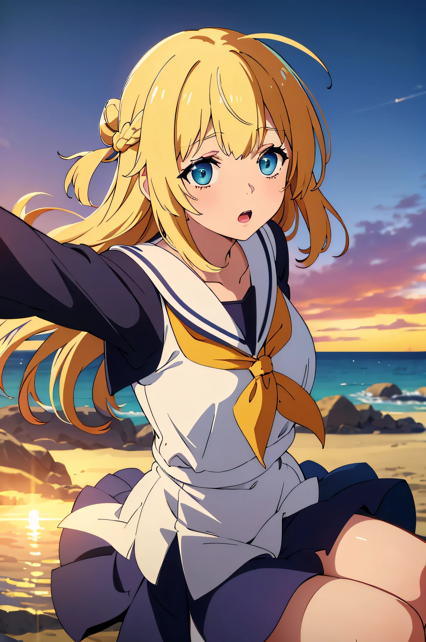 Looking up from a 、pleatedskirt、Short sailor suit、Lower breast、Stay outside、sexy pantie、You can clearly see the shape of the dirty part、The skirt flips up in the wind、Surprised expression、Windy blonde hair,blue eyes
