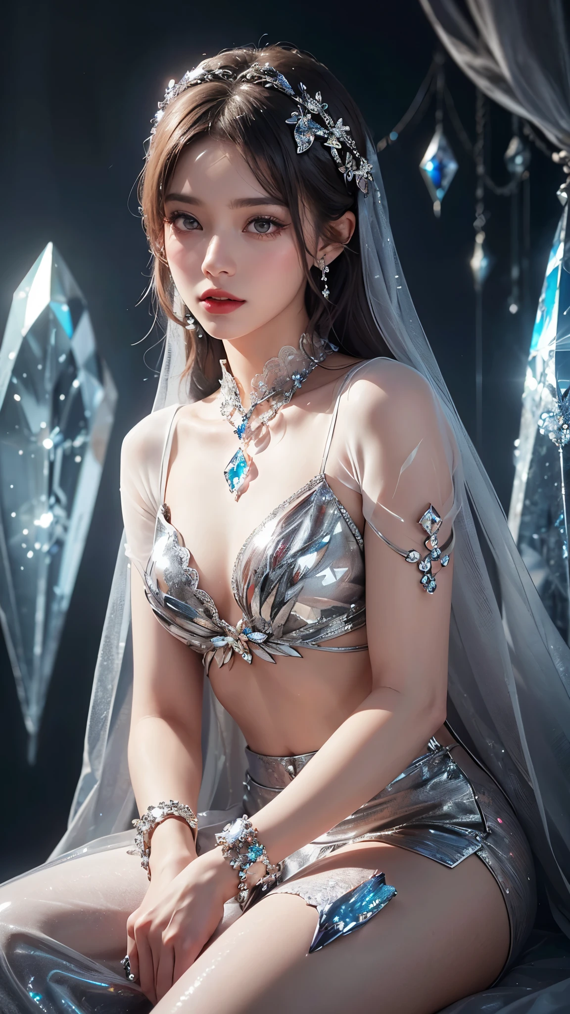 1 girl, good face, ultra long hair, detailed eyes, detailed lips, small breasts, (crystal outfit:1.5), translucent lace, (crystal ornament:1.5), (silver crystal outfit :1.5), Take photos by the crystal, ultra-realistic realism, color field printing, high details, hyper HD, cinematic lighting, 4k quality, sitting,