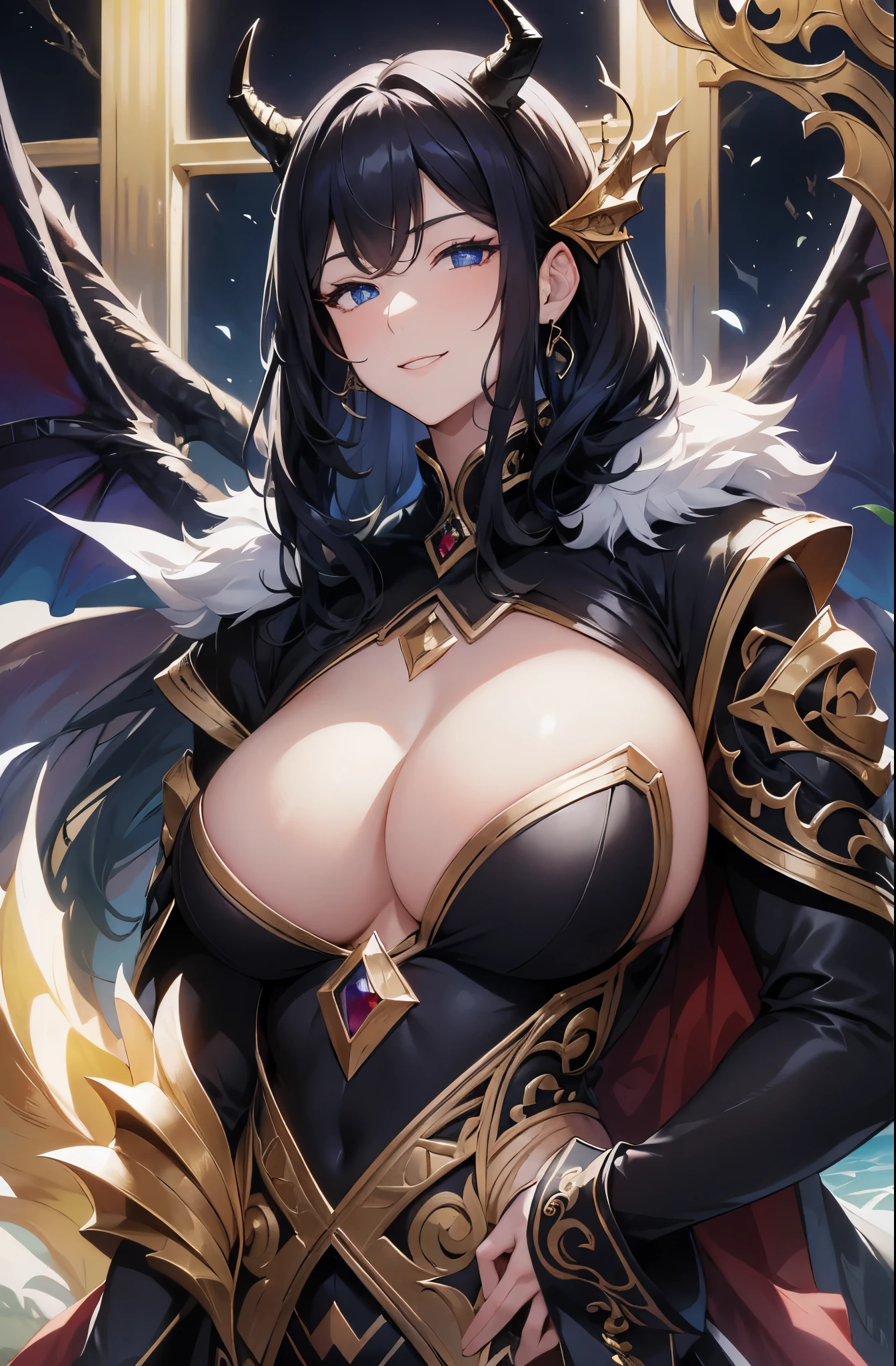 artwork, highly detailed, ultra-detailed, Alone, (1 woman), mature, tall 1.80, age around 20s, Long hair with curled ends, Black hair, dragon woman, black dragon, black dragon horns, sapphire blue eyes, elegant, above average breasts, perky breasts, friendly smile, charming, wearing a black dress, exquisite black dress, alone, looking at the viewer, posing from the front, setting in an ancient castle