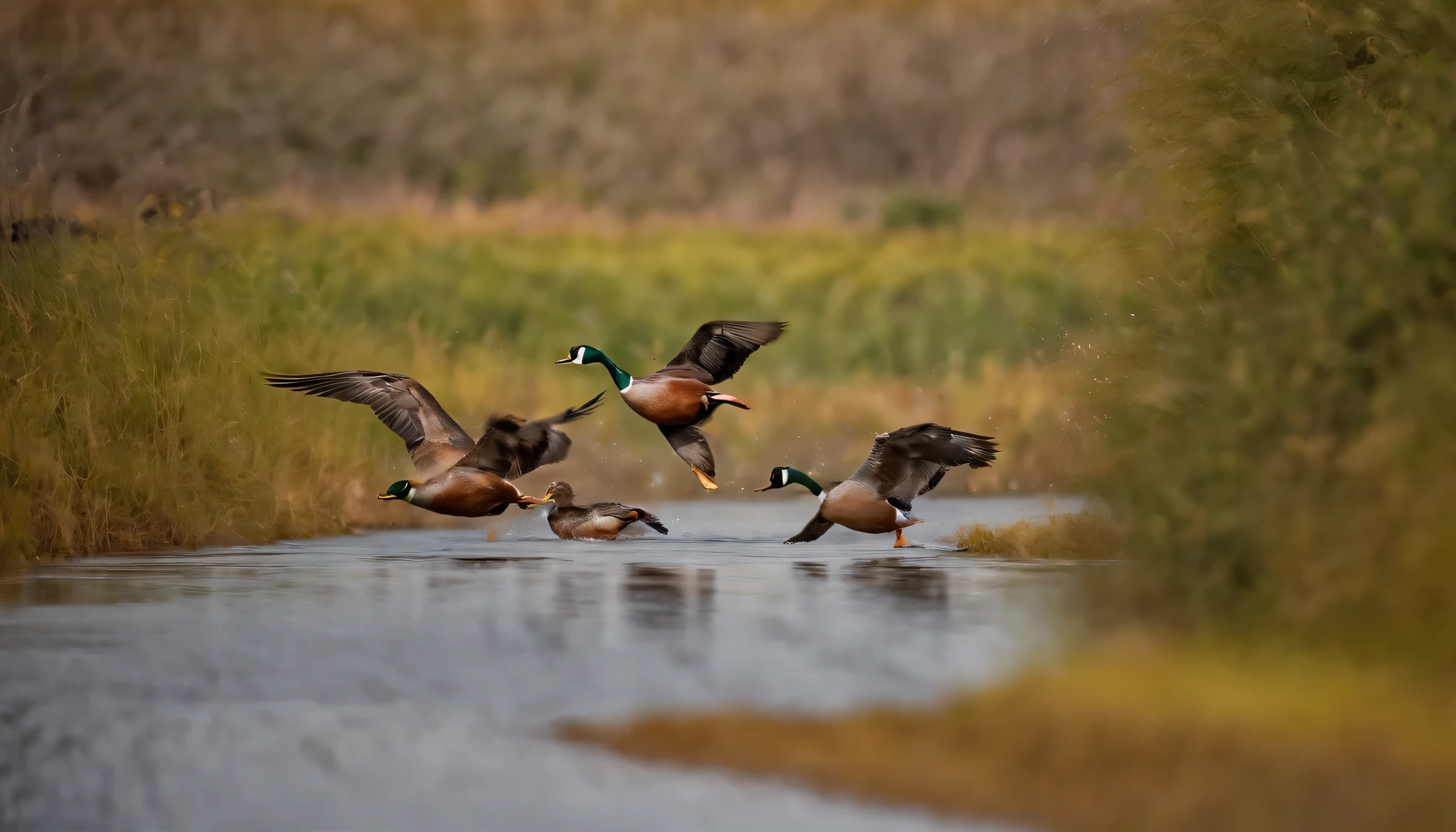 Migratory Journey: Illustrate a montage of ducks in flight, migrating across vast landscapes. Emphasize the freedom and endurance required for their long journeys, highlighting the importance of migration in their lives.