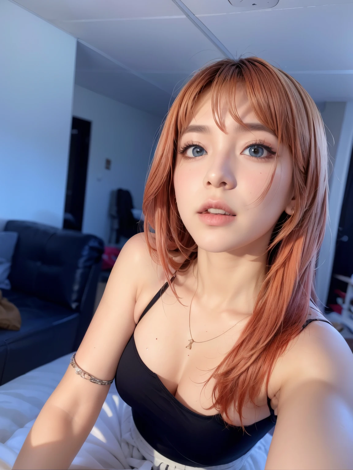 hay una mujer pelirroja posando para una foto, Lalisa Manobal, 🤤 girl portrait, Lalisa Manoban de Blackpink, 8k)), ella tiene una cara linda, el corte de hime, piel roja suave, 19 year old girl, ella tiene el cabello rojo, sexy look at the camera, con flequillo, muy muy baja calidad