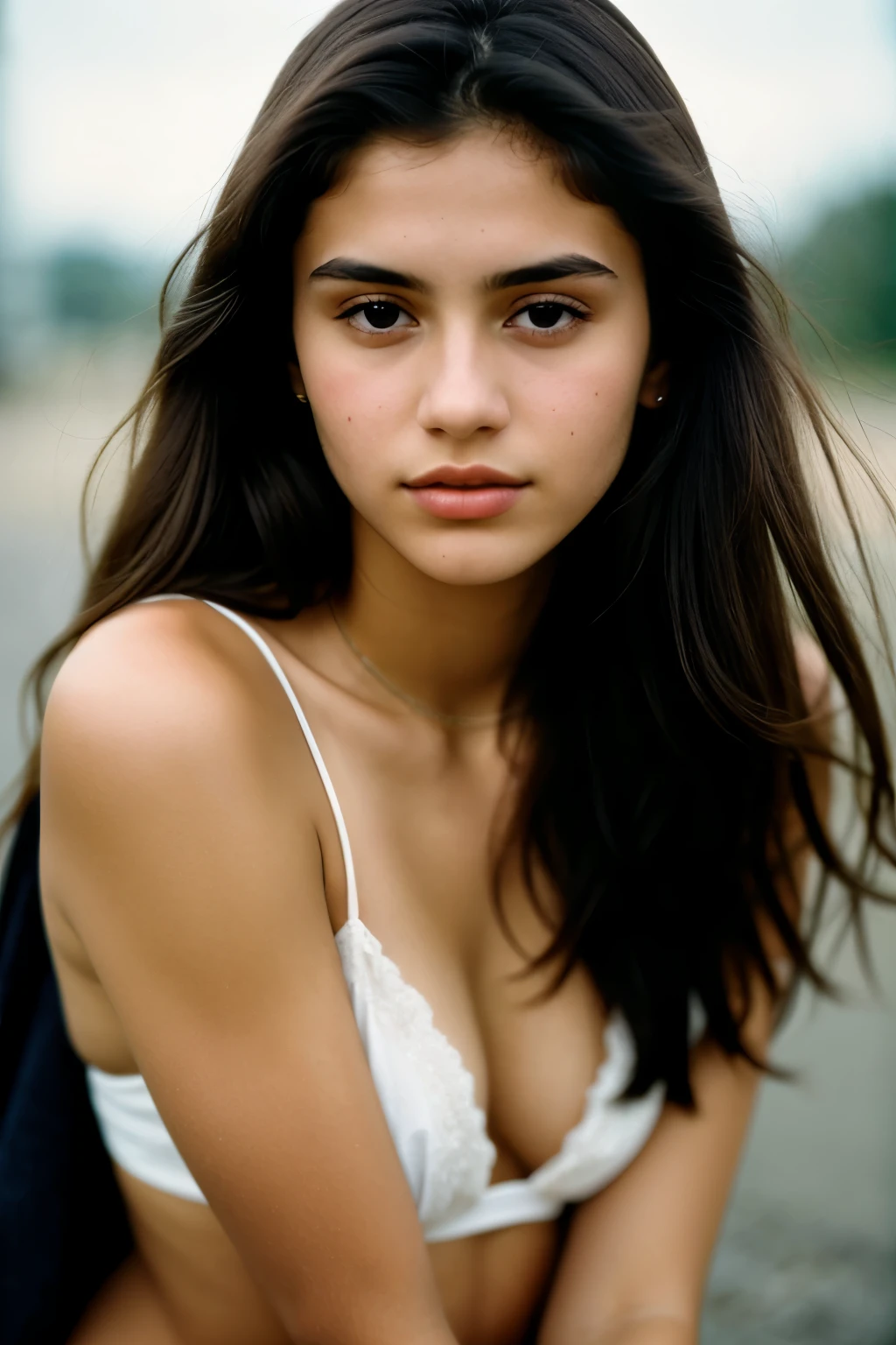 photo of a very beautiful girl, 20 years old, Slavic, light skin, ultra-textured skin, goosebumps, dark hair, Porta 160 color, shot on ARRI ALEXA 65, bokeh, sharp focus on the subject, shot by Don McCullin