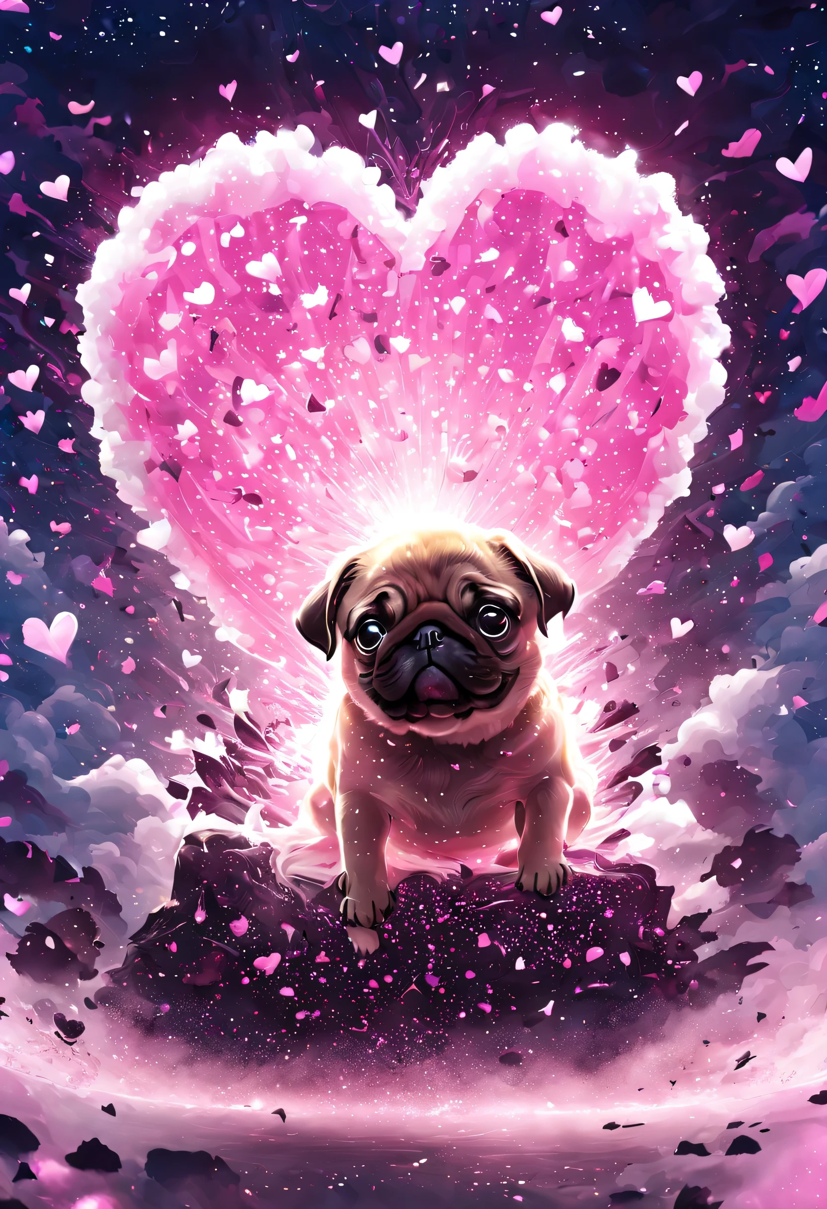 Animate a cute pug puppy kissing a pink heart, 8k, sparkling dust forming glowing hearts, puffy cloud hearts floating in the air,rays of light emanating, misty atmosphere, pink colors,gentle and dreamy lighting,magical aura surrounding the heart and glitter surrounding the puppy, Illustration big splash ink style, swirling sparkle, (best quality), 4k, 8k, UHD, highres, masterpiece