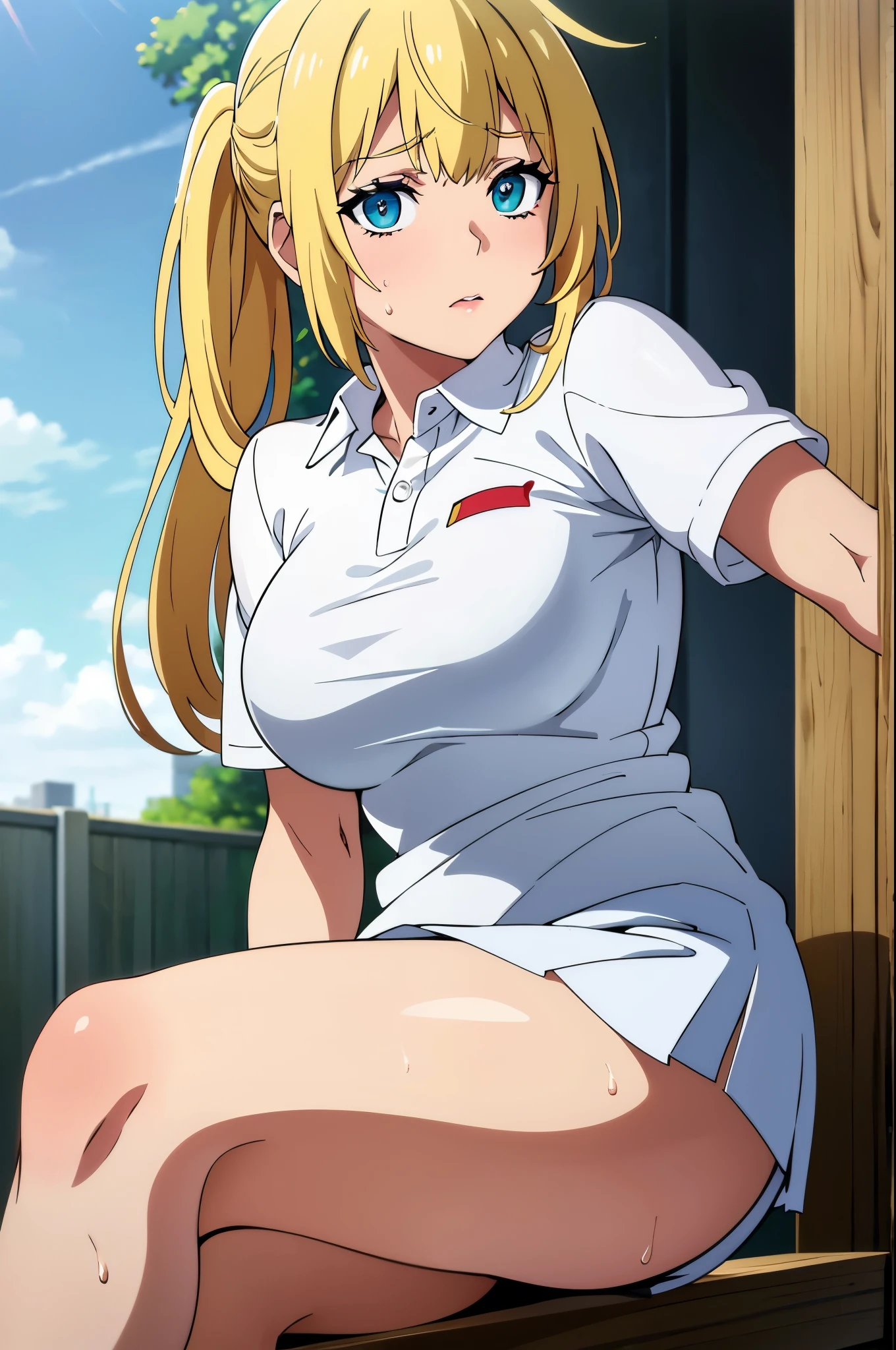 blonde hair,blue eyes1girl, solo, white polo shirt, white sneakers, tennis wear, white miniskirt, masterpiece, best quality, realistic, hyper-detailed, (shiny skin, sweaty:1.2), absurd, looking at viewer, short, slender, dynamic lighting, high resolution, sharp focus, depth of field, detailed eyes, sharp pupils, realistic pupils, , (thick thighs:1.0), outdoor, sky