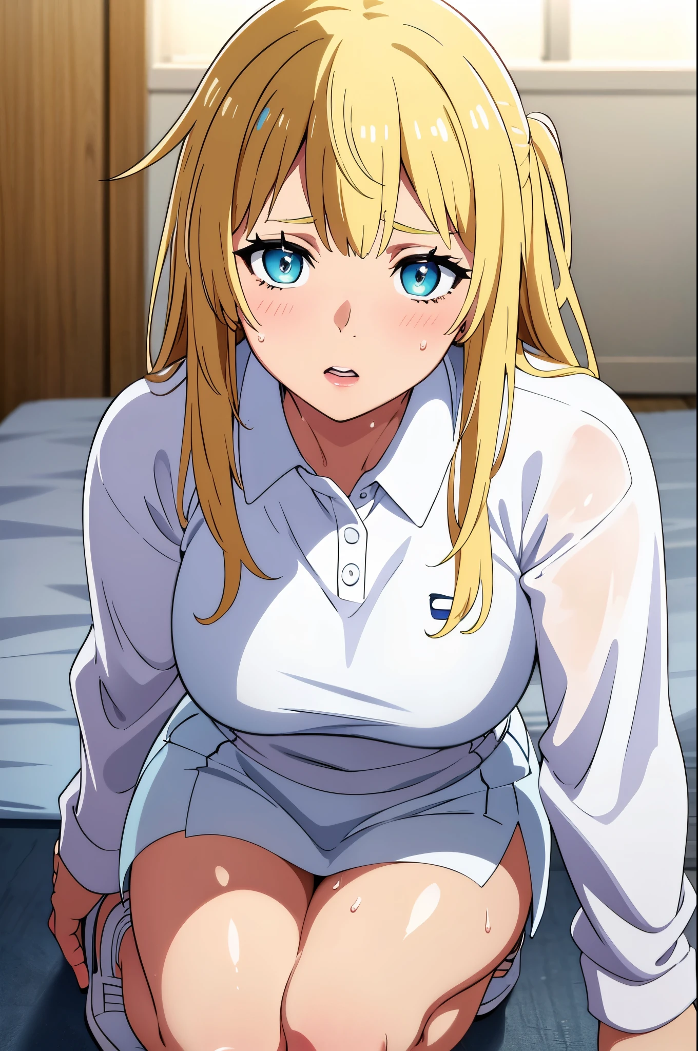 blonde hair,blue eyes1girl, solo, white polo shirt, white sneakers, tennis wear, white miniskirt, masterpiece, best quality, realistic, hyper-detailed, (shiny skin, sweaty:1.2), absurd, looking at viewer, short, slender, dynamic lighting, high resolution, sharp focus, depth of field, detailed eyes, sharp pupils, realistic pupils, , (thick thighs:1.0), outdoor, sky