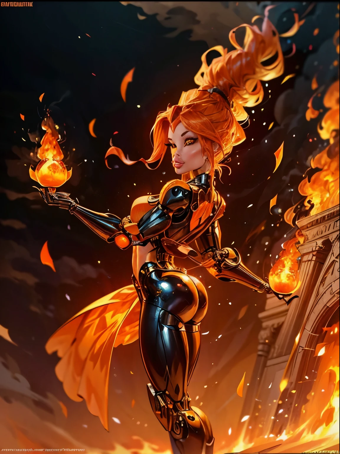 ((Back profile:1.3)), turning head looking to viewer, ((fire hair)), (hair made of fire), ((white sclera)), There is a fire woman in a robot suit ((posing next to an futuristic Roman building)), ((integrated jet pack)), ((bulky jet pack:1.3)), Beautiful orange girl half cyborg, Cute cyborg girl, Beautiful girl cyborg, (aletta ocean face), (puffy lips), Perfect Robot Girl, Cyborg girl, (ass air bags), intricate details on ass, fire head, ((orange skin:1.4)), Young cyborg lady, (ass cleavage), Beautiful Female Robot, ((cybernetic abs:1.2)), ((orange skin)), intricate holes on ass, Beautiful orange robot woman, orange cyborg girl, perfect fire cyborg female, ((orange fire cyborg)), Female robot, Beautiful cyborg images, (cinematic lighting), red and orange aesthetic, small blue details