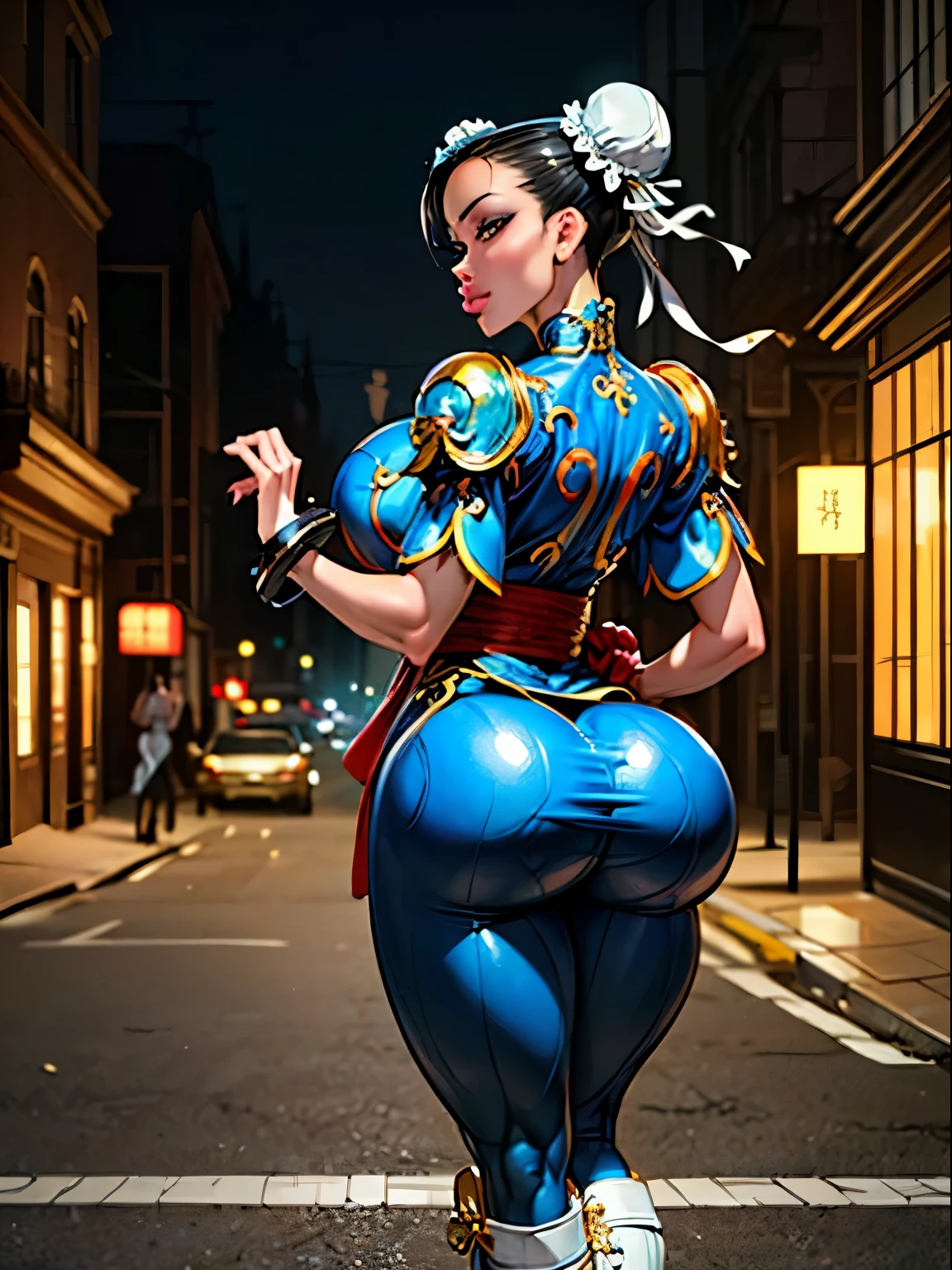 ((Back profile:1.3)), turning head looking to viewer, ((black hair)), (chun -li), ((twin hair buns)), red eye liner, ((long white boots)), ((laces on boots)), ((20tj century Chinese dress)), There is a woman in a ((blue qipao)), ((intricate gold lining)), ((posing next to an futuristic Roman building)), ((integrated ties around hair buns)), ((bulky shoulder pads:1.3)), Beautiful Chinese girl, Cute girl, Beautiful girl, (aletta ocean face), (puffy lips), Perfect Girl, confident girl, (ass air bags), intricate details on ass, Young lady, (ass cleavage), Beautiful Female, ((children sash around waist:1.2)), intricate ass leggings, Beautiful woman, street fighter girl, perfect female, ((porcelain skin)), (street fighter), Beautiful images, (cinematic lighting)