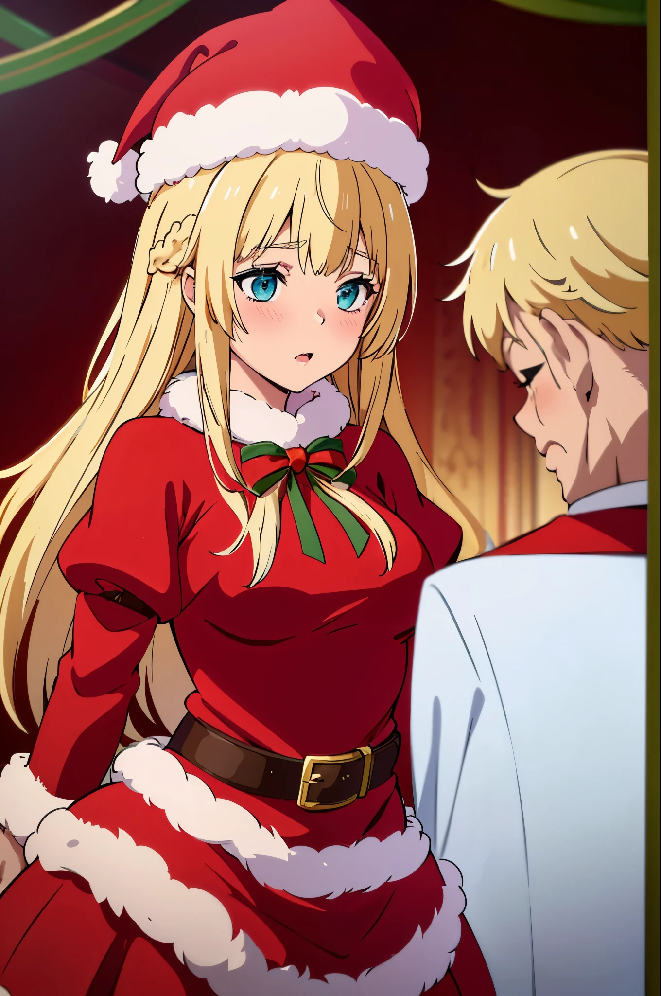 blonde hair,blue eyes long hair, blush, red capelet, christmas, santa dress, capelet, dress, fur-trimmed capelet, santa costume, santa hat, red dress, red headwear, bangs, breasts, fur-trimmed dress, hat, fur trim, upper body, masterpiece, best quality