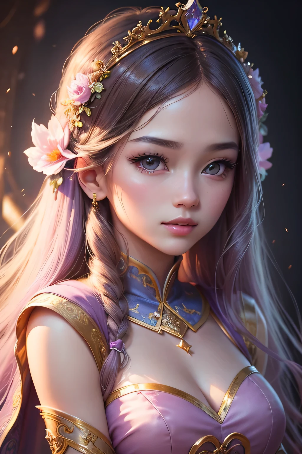 Stable Diffusion prompt: starlight princess, medium:illustration, beautiful detailed eyes, beautiful detailed lips, extremely detailed eyes and face, long eyelashes, 1girl, chinese style costume, magical background, vibrant colors, HDR, studio lighting, ethereal atmosphere. (best quality, 4k, highres, masterpiece:1.2), ultra-detailed, (realistic, photorealistic:1.37), dreamy style, soft pastel tones, enchanting lighting.
